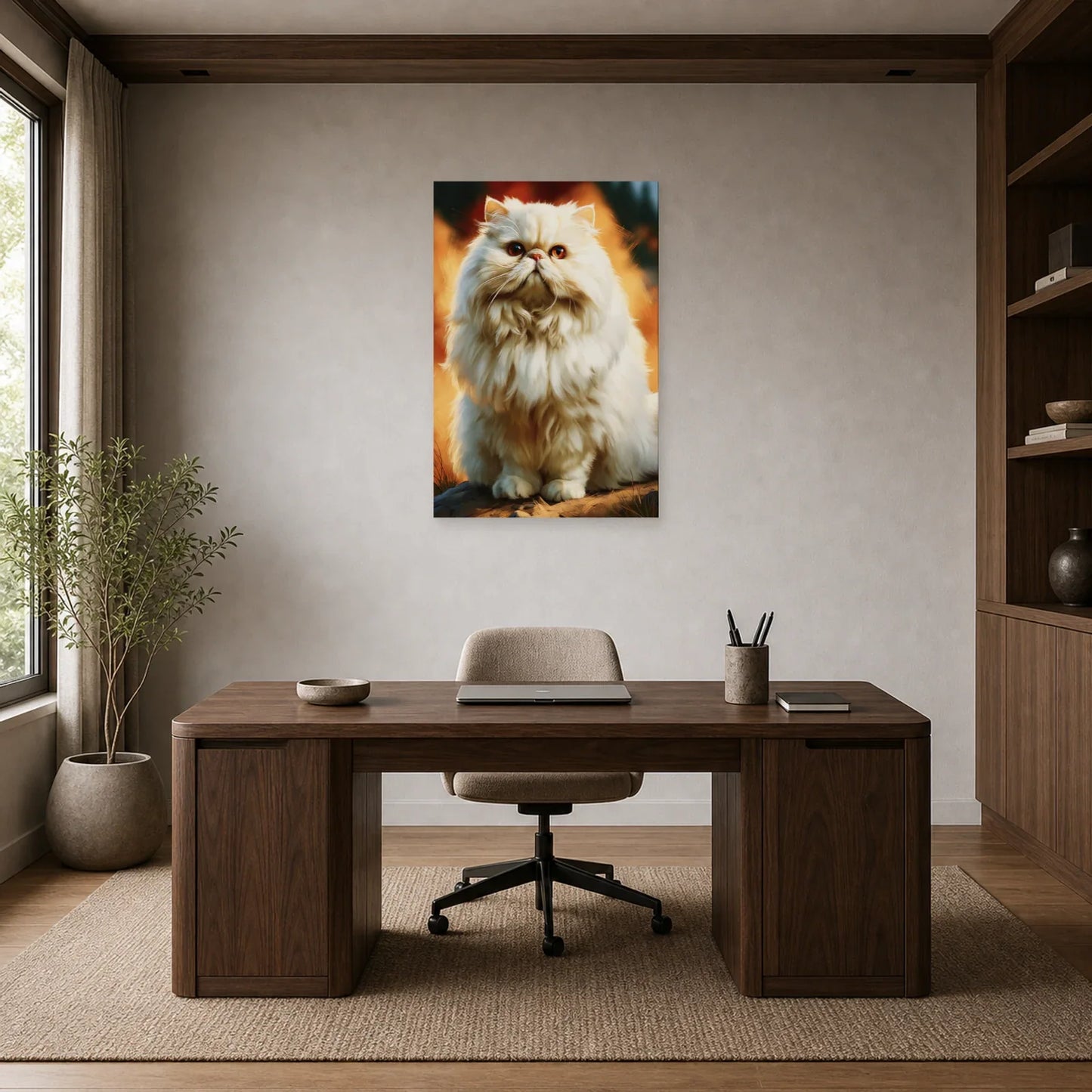 Tableau Chat Persan Crème - Nuage Dore dans un bureau - Art Virtuoso