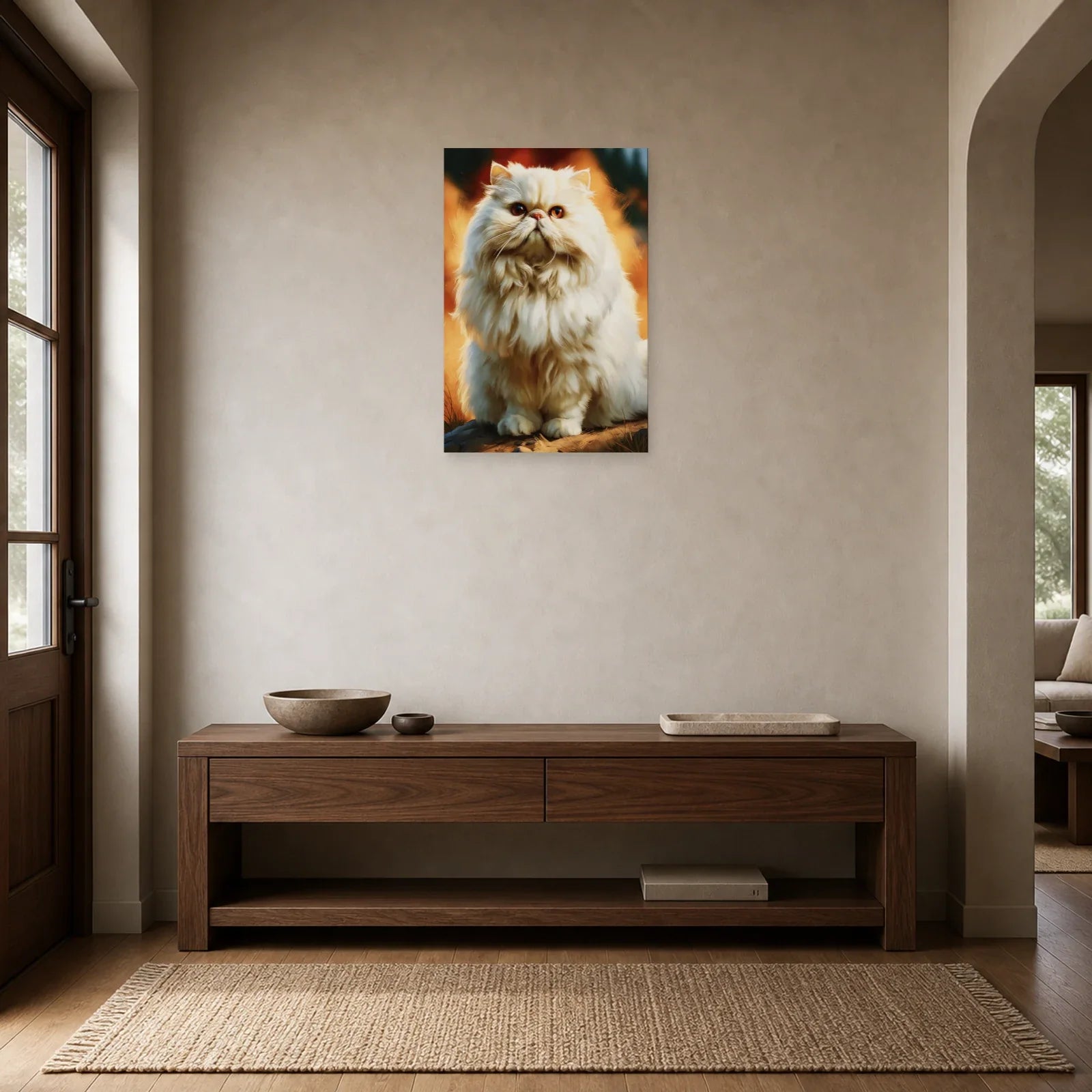 Tableau Chat Persan Crème - Nuage Dore dans une entrée ou un couloir - Art Virtuoso