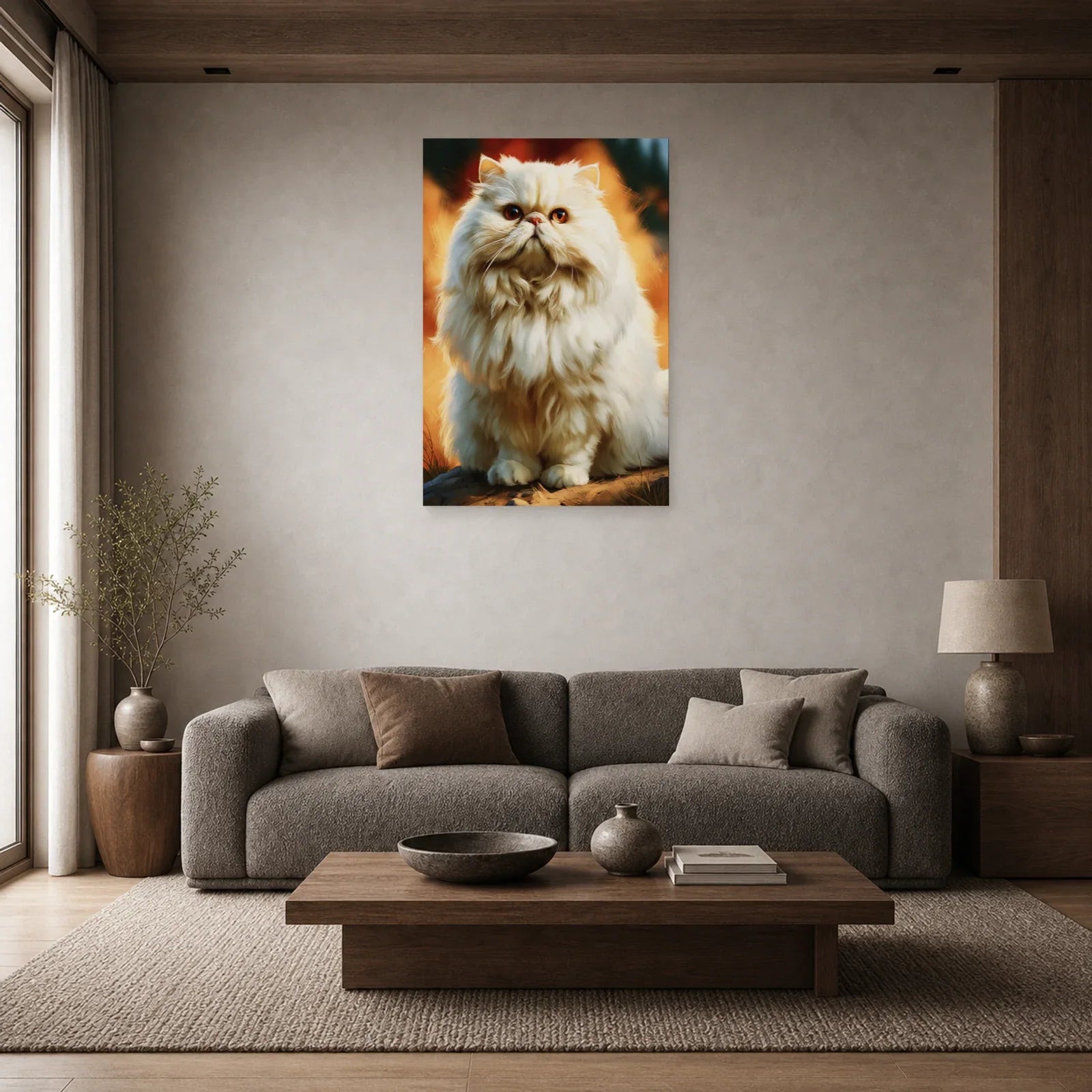 Tableau Chat Persan Crème - Nuage Dore dans un salon - Art Virtuoso