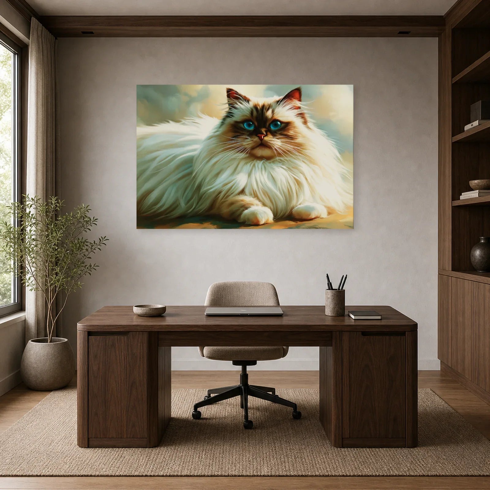 Tableau Chat Ragdoll Bleu - Calme Perle dans un bureau - Art Virtuoso