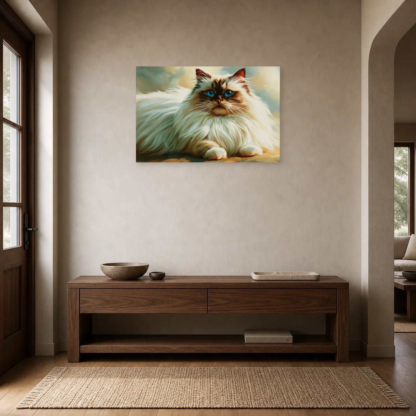 Tableau Chat Ragdoll Bleu - Calme Perle dans une entrée ou un couloir - Art Virtuoso