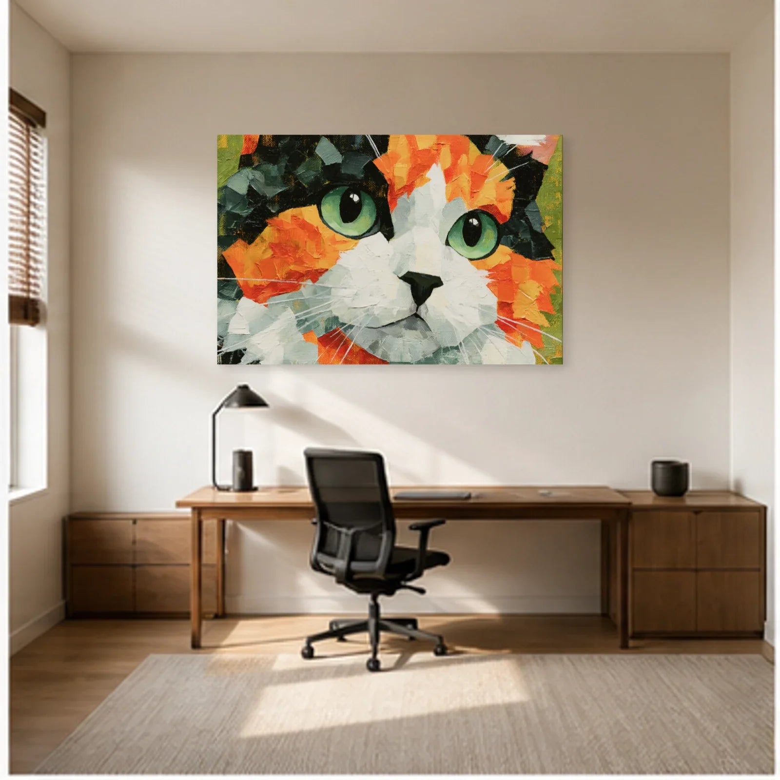 Tableau Chat Regard Émeraude Expressionniste dans un bureau - Art Virtuoso