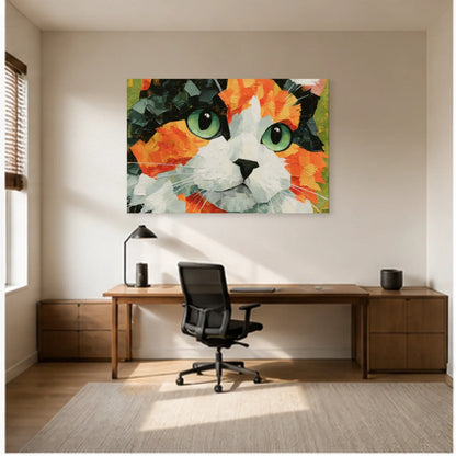 Tableau Chat Regard Émeraude Expressionniste dans un bureau - Art Virtuoso
