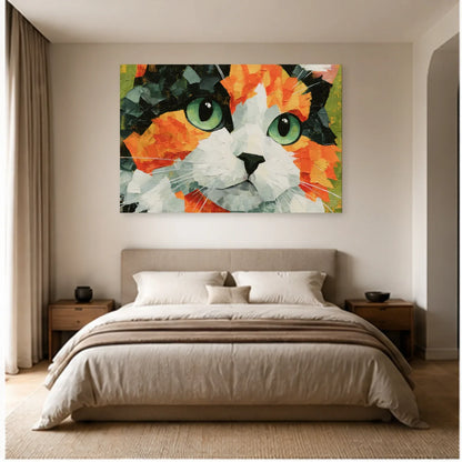 Tableau Chat Regard Émeraude Expressionniste dans une chambre - Art Virtuoso