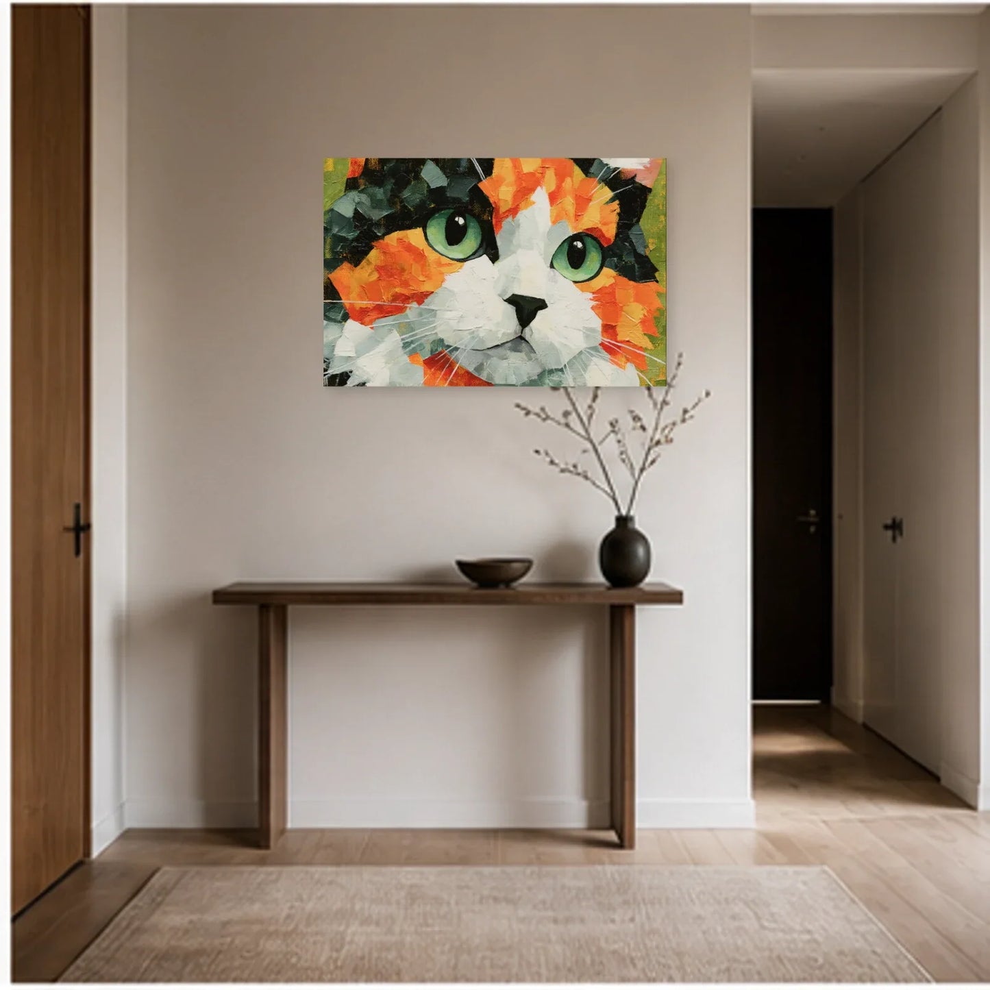 Tableau Chat Regard Émeraude Expressionniste dans une entrée ou un couloir - Art Virtuoso