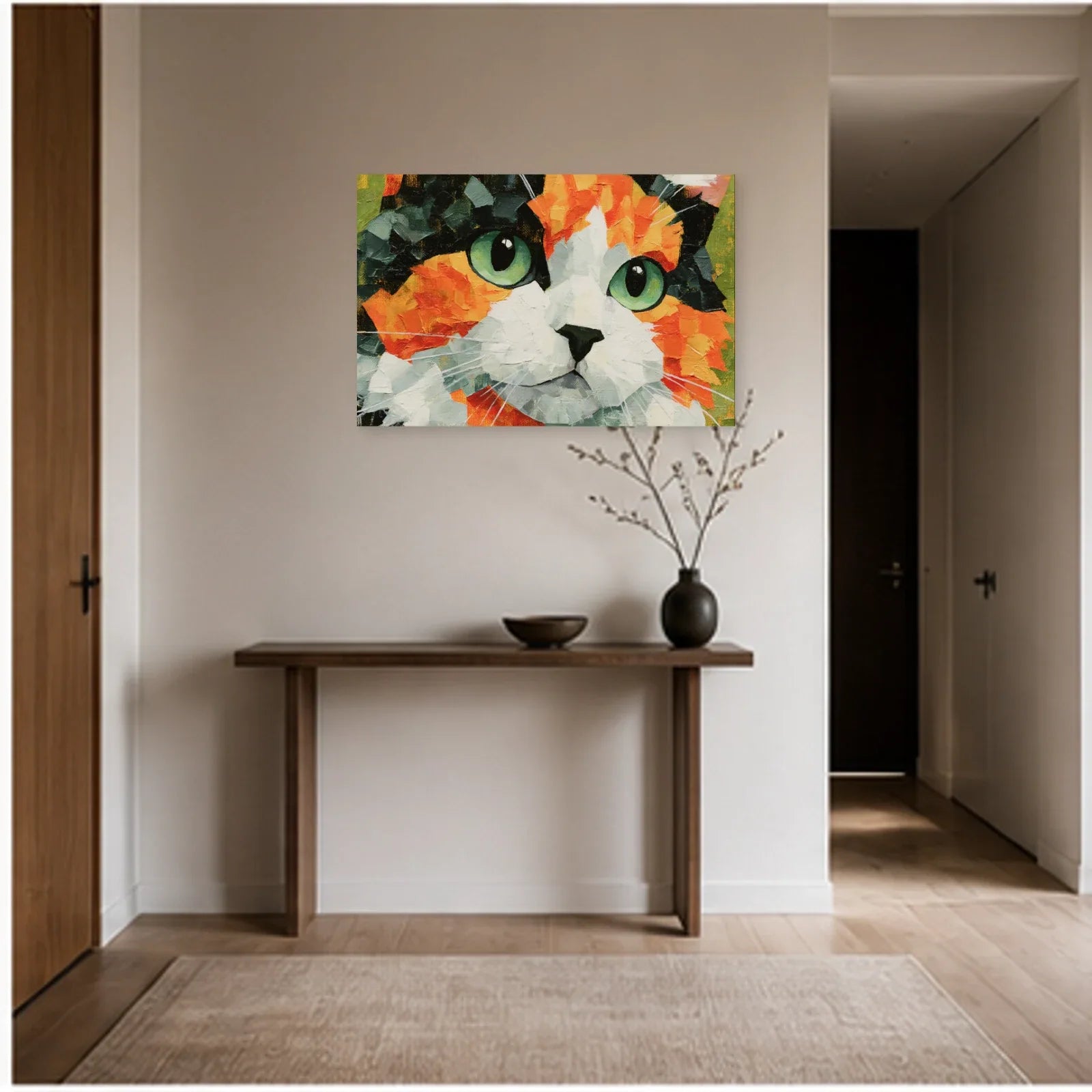 Tableau Chat Regard Émeraude Expressionniste dans une entrée ou un couloir - Art Virtuoso