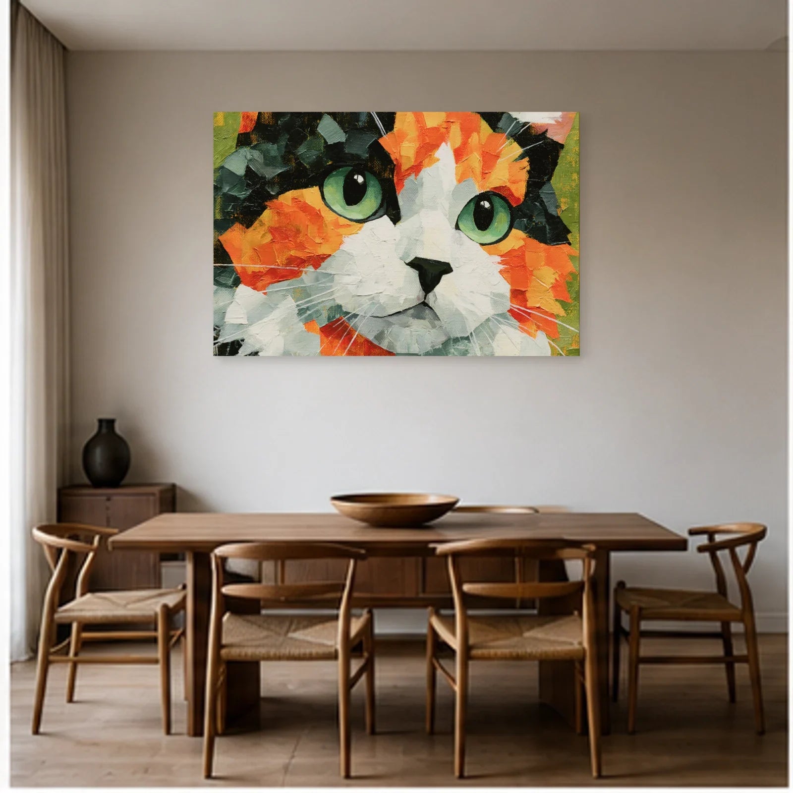 Tableau Chat Regard Émeraude Expressionniste dans une salle à manger - Art Virtuoso