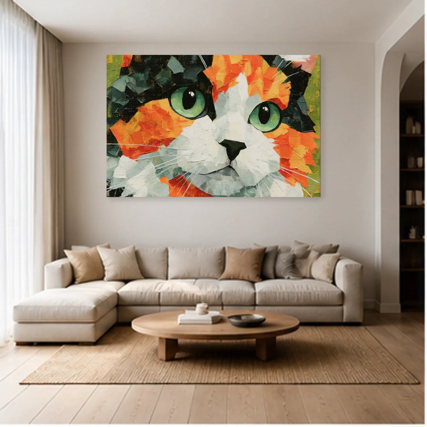 Tableau Chat Regard Émeraude Expressionniste dans un salon - Art Virtuoso