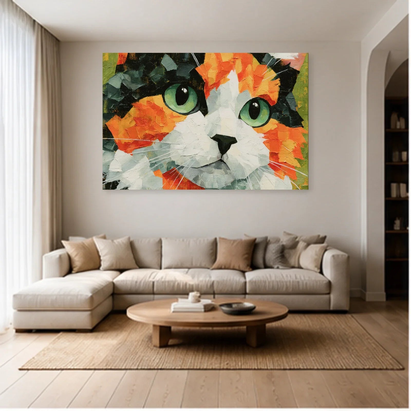 Tableau Chat Regard Émeraude Expressionniste dans un salon - Art Virtuoso