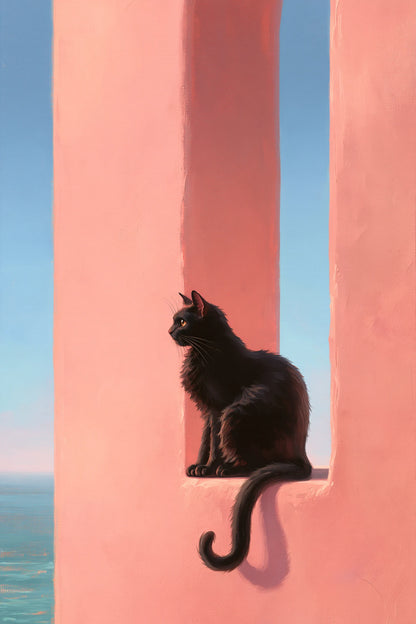Tableau Chat Rose, un chat noir posé dans une architecture rose aux formes simplifiées, format L - Art Virtuoso