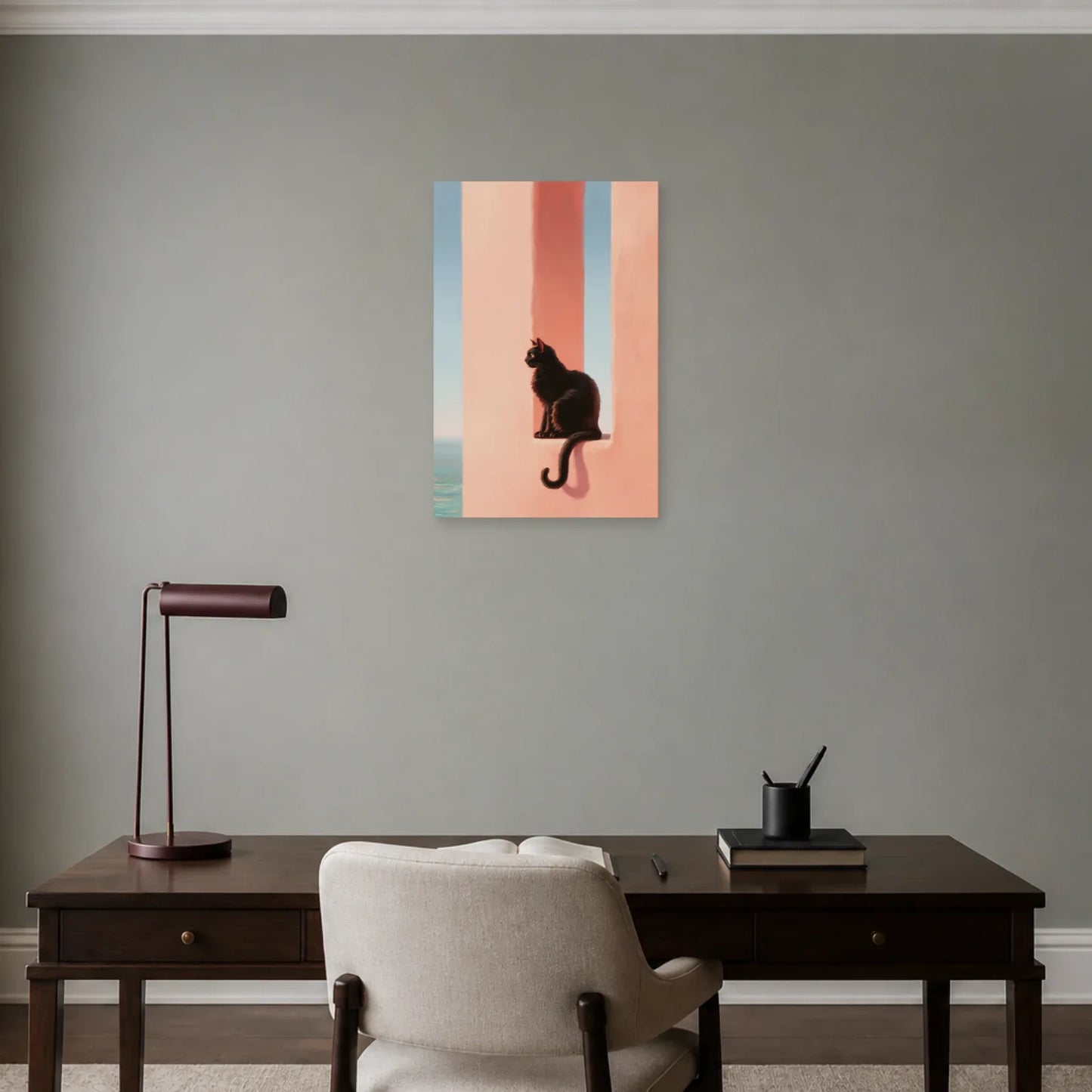 Tableau Chat Rose présenté dans un bureau - Art Virtuoso
