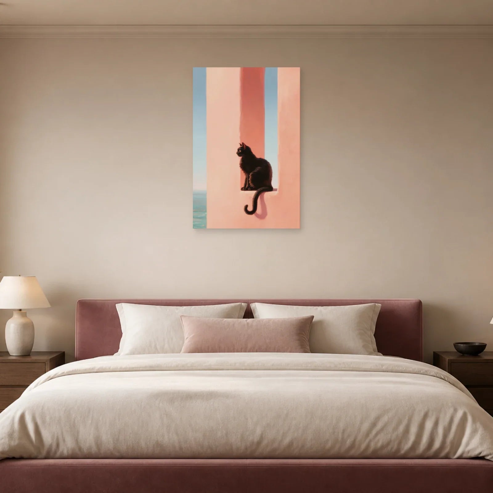 Tableau Chat Rose présenté dans une chambre - Art Virtuoso