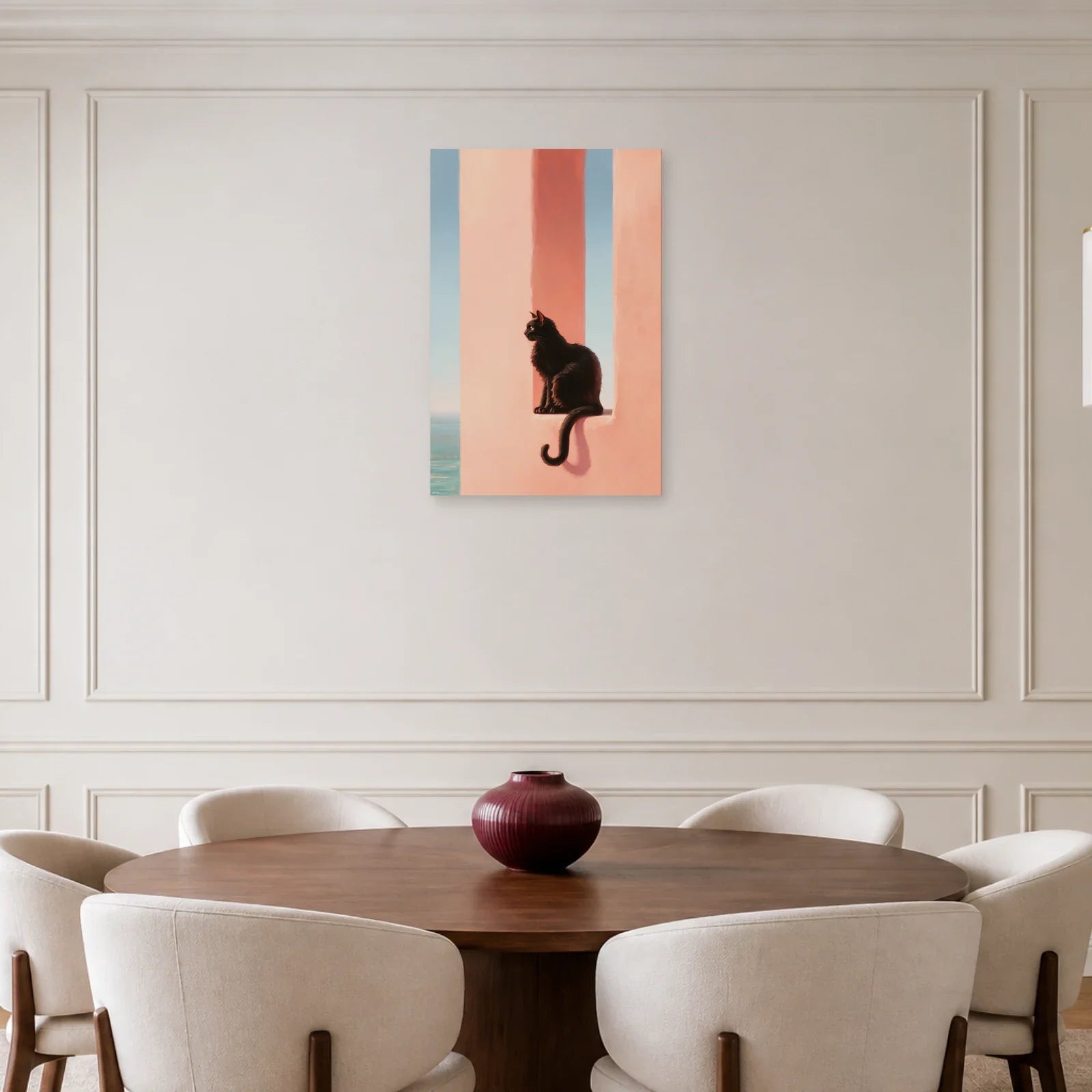 Tableau Chat Rose présenté dans une salle à manger - Art Virtuoso