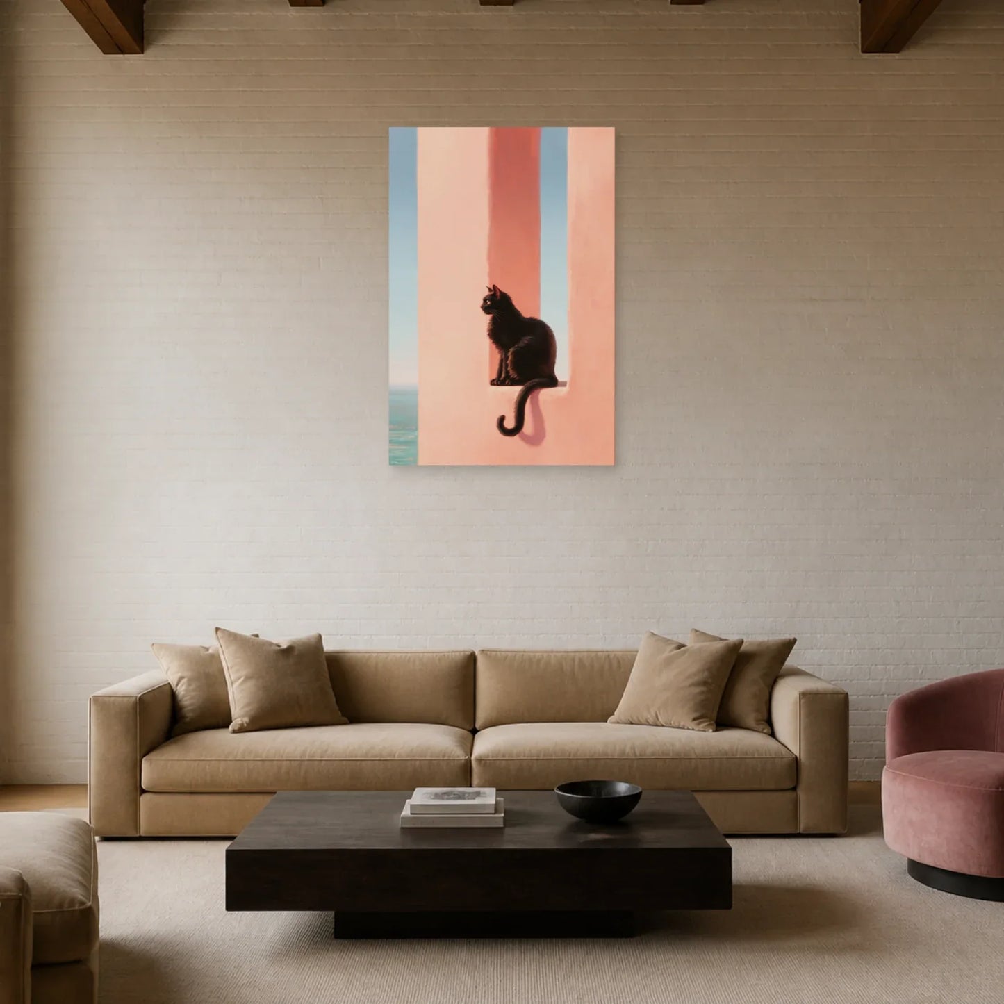 Tableau Chat Rose présenté dans un salon - Art Virtuoso