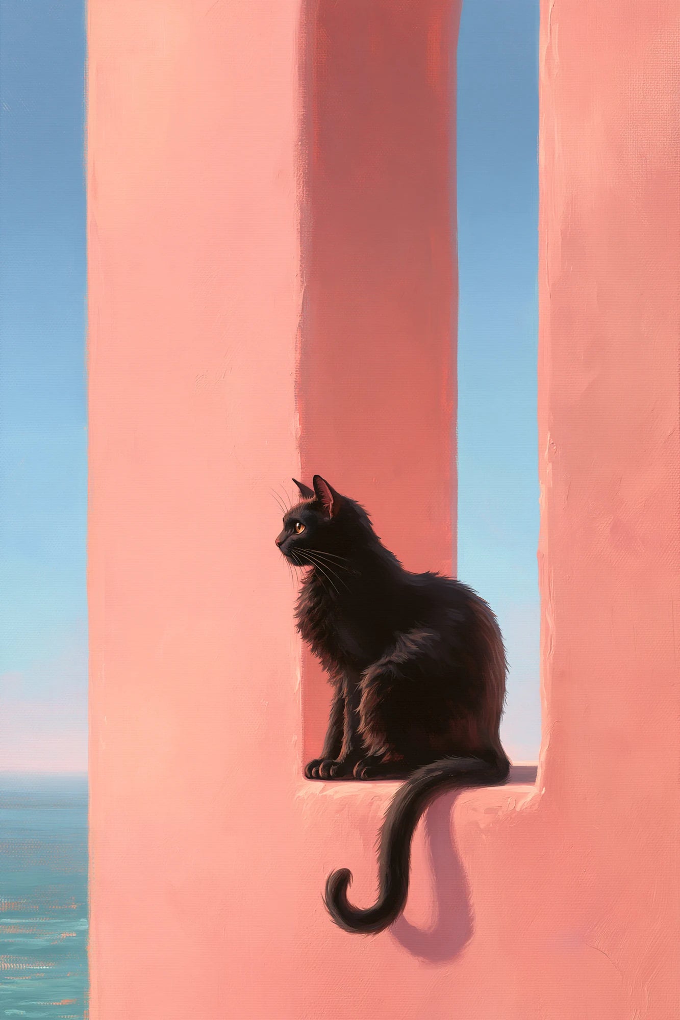 Tableau Chat Rose, un chat noir posé dans une architecture rose aux formes simplifiées, format S - Art Virtuoso