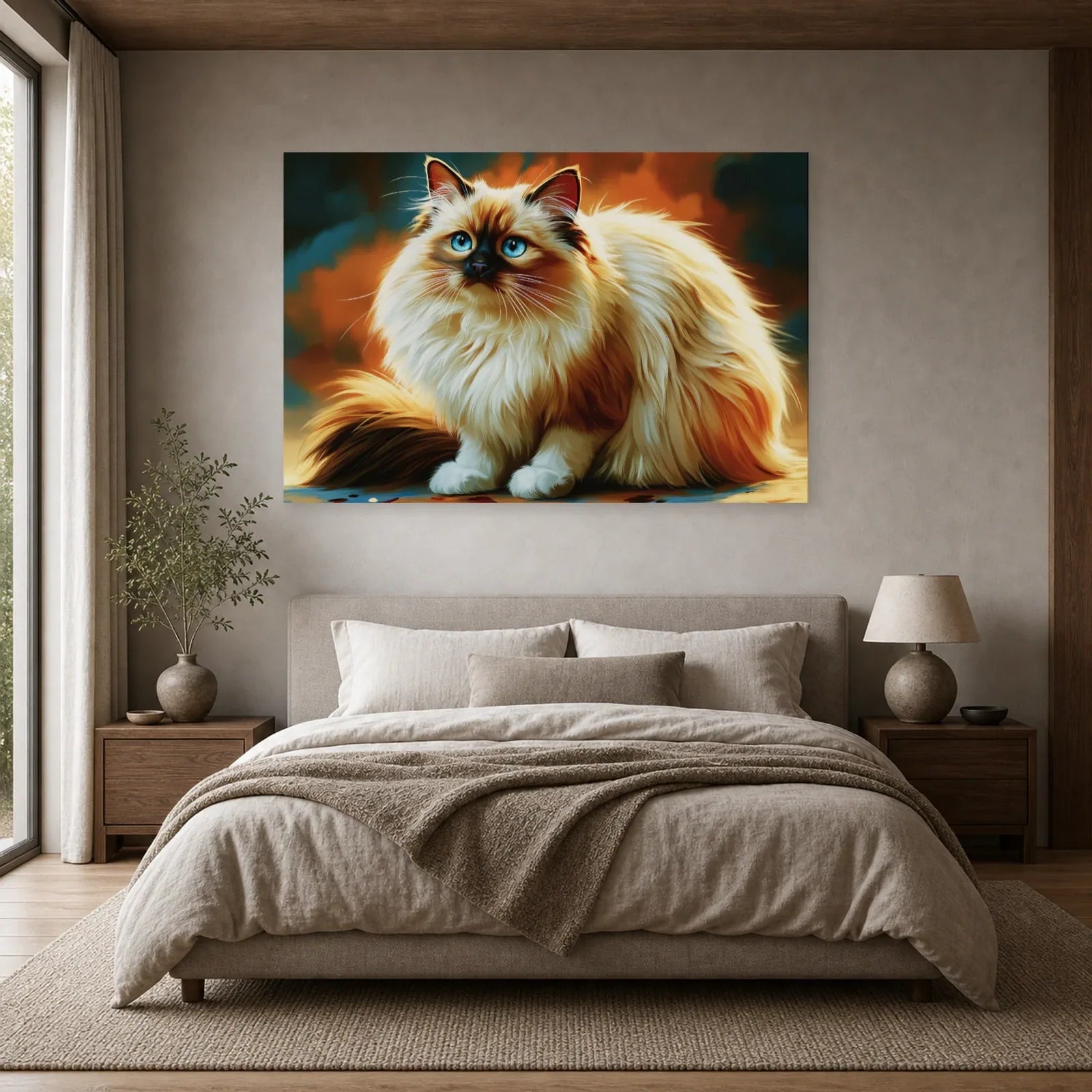 Tableau Chat Sacré de Birmanie - Gants de Lumière dans une chambre - Art Virtuoso