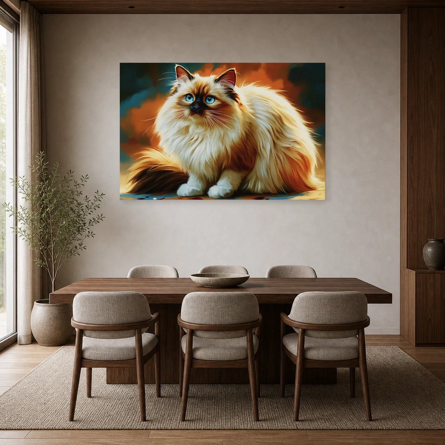Tableau Chat Sacré de Birmanie - Gants de Lumière dans une salle à manger - Art Virtuoso