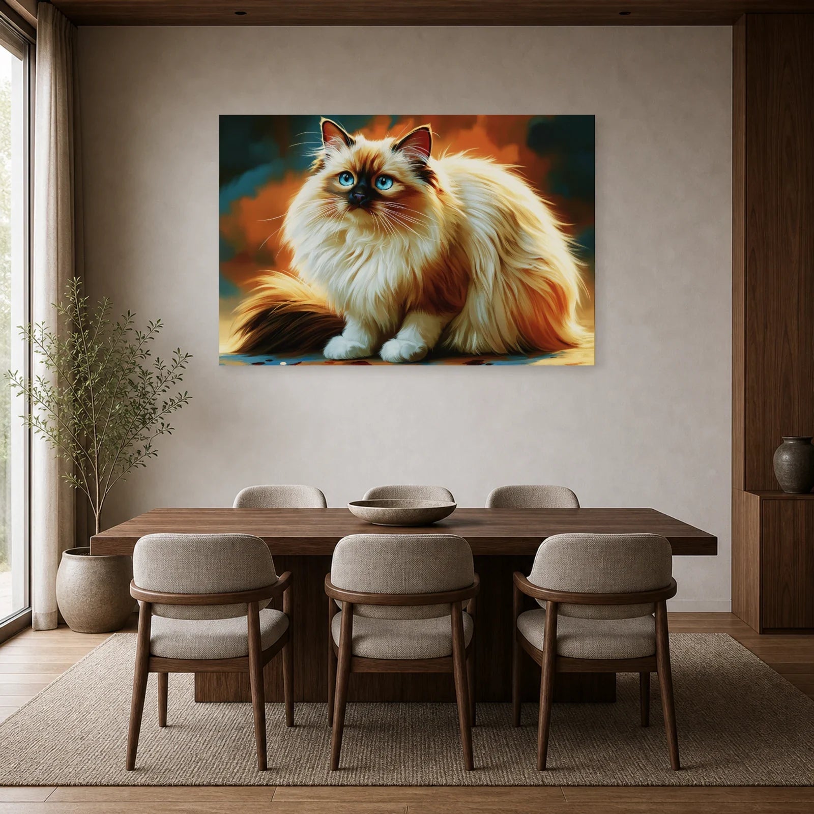 Tableau Chat Sacré de Birmanie - Gants de Lumière dans une salle à manger - Art Virtuoso