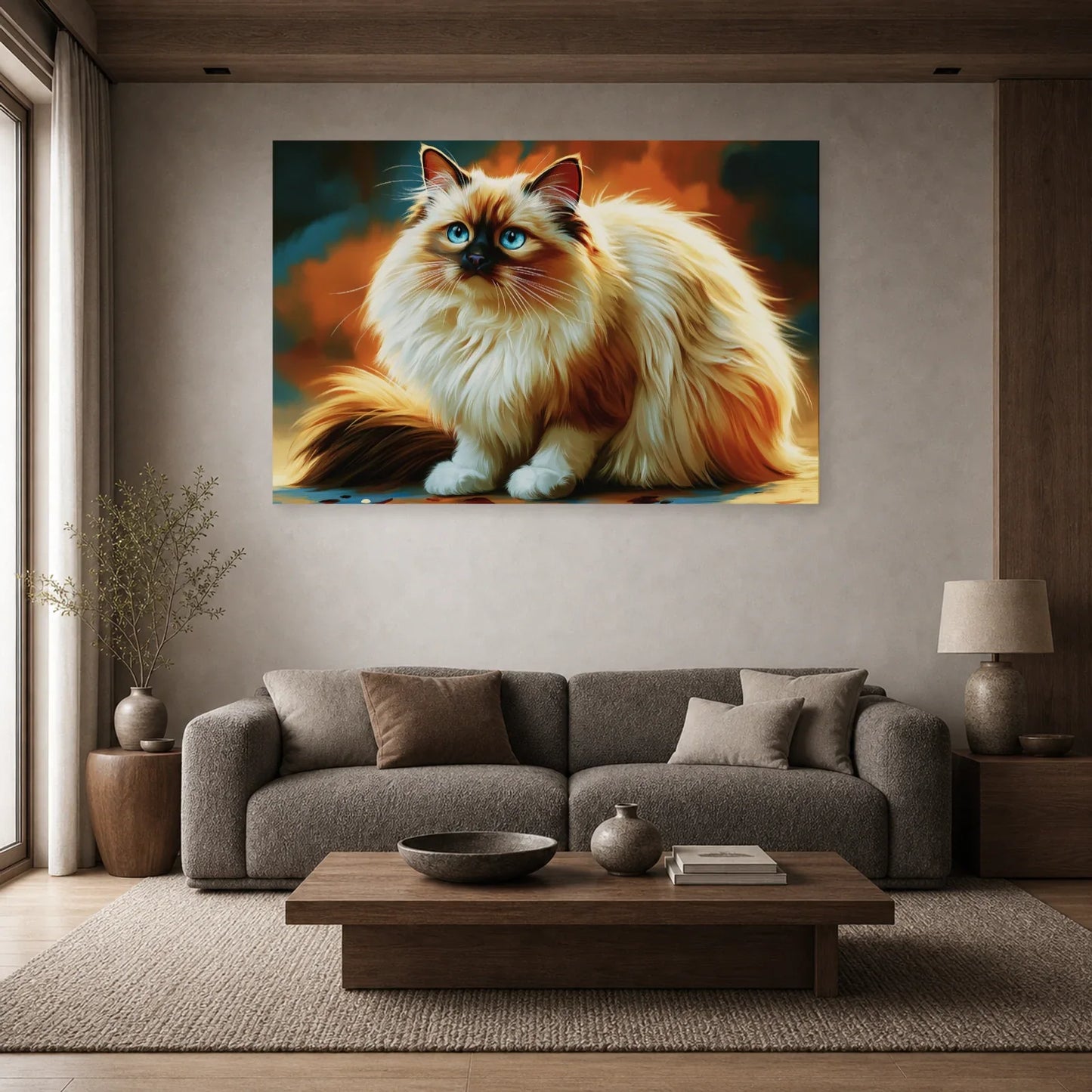 Tableau Chat Sacré de Birmanie - Gants de Lumière dans un salon - Art Virtuoso