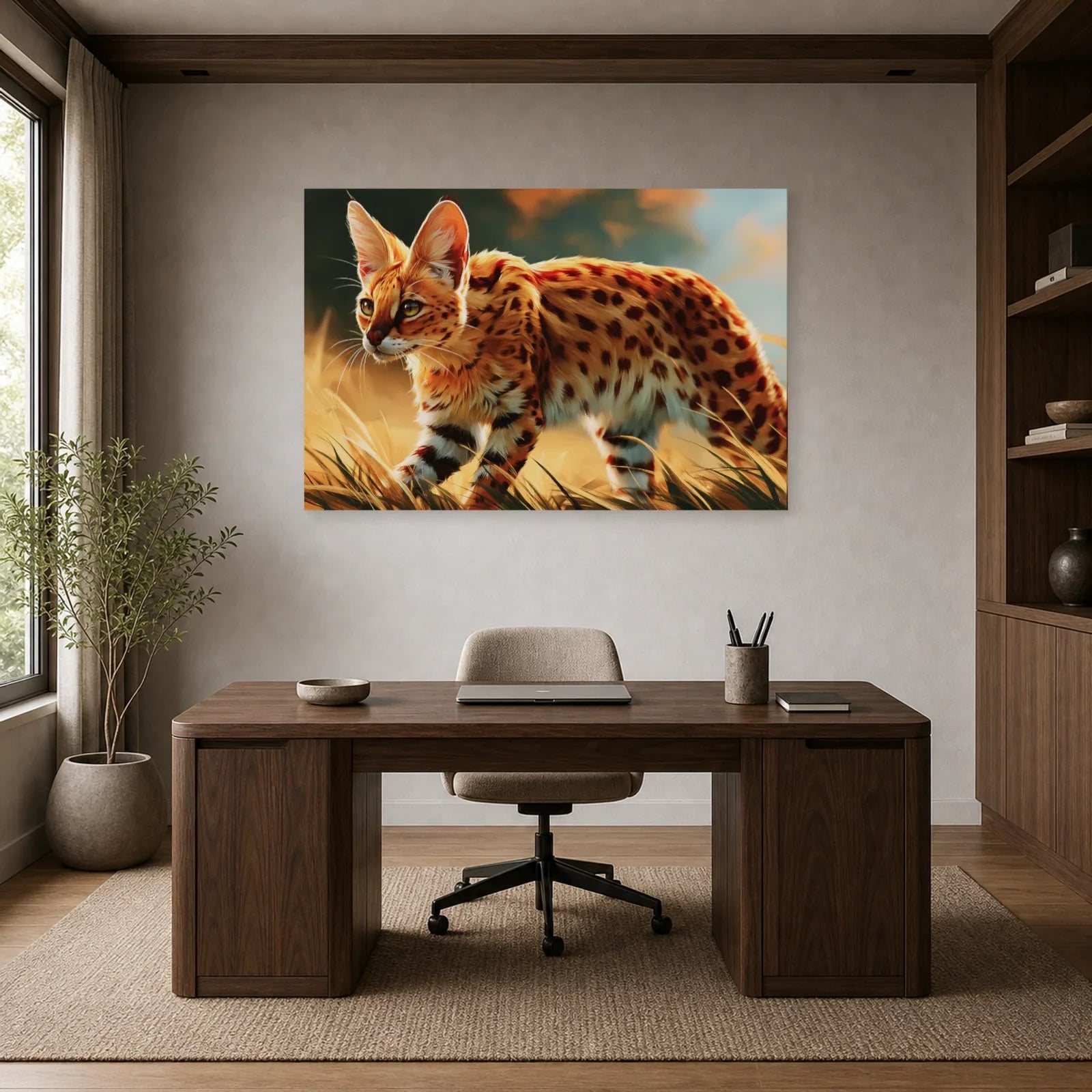 Tableau Chat Savannah - Marche Doree dans un bureau - Art Virtuoso