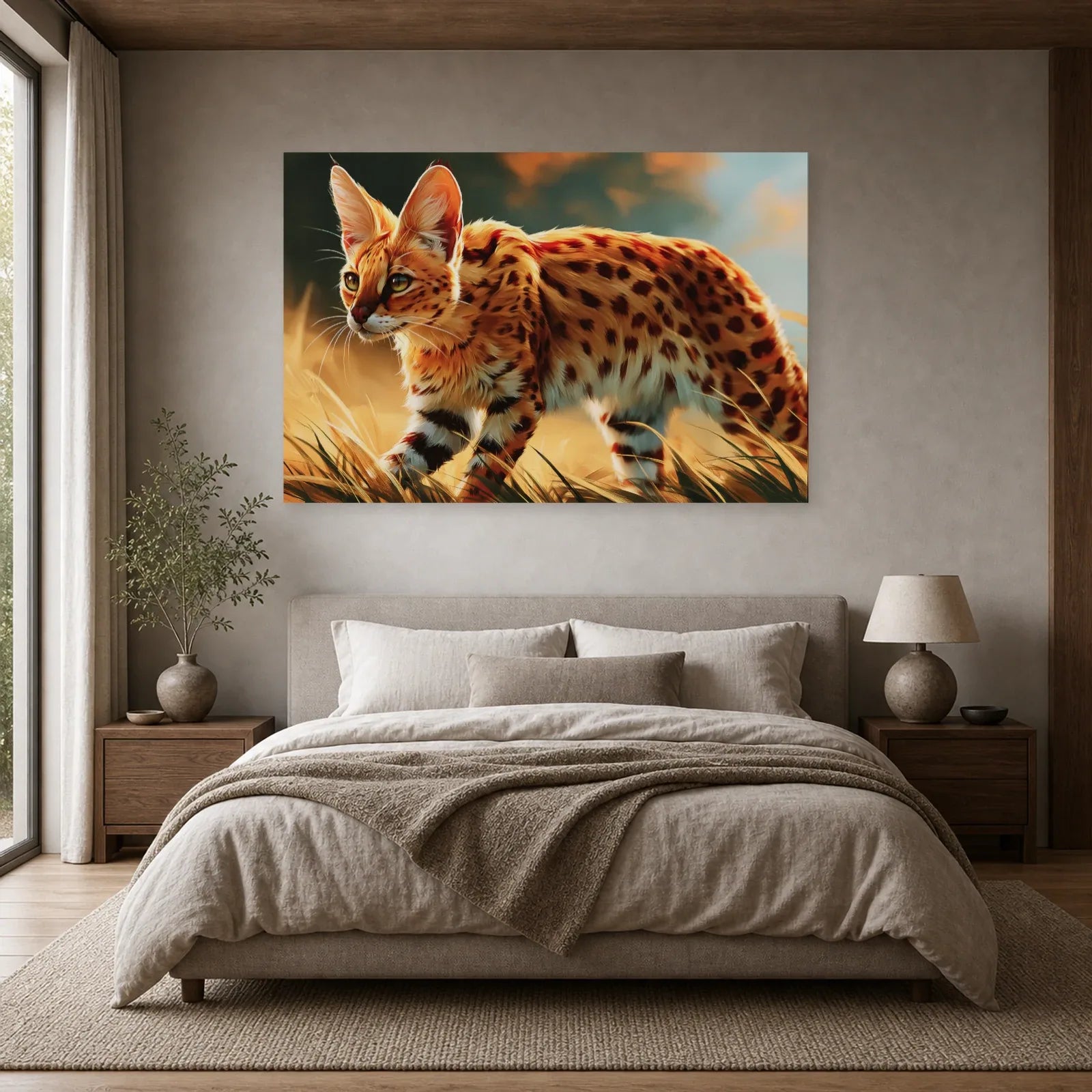 Tableau Chat Savannah - Marche Doree dans une chambre - Art Virtuoso