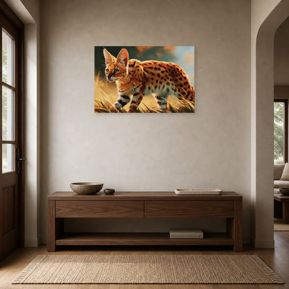 Tableau Chat Savannah - Marche Doree dans une entrée ou un couloir - Art Virtuoso