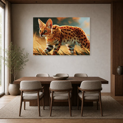 Tableau Chat Savannah - Marche Doree dans une salle à manger - Art Virtuoso