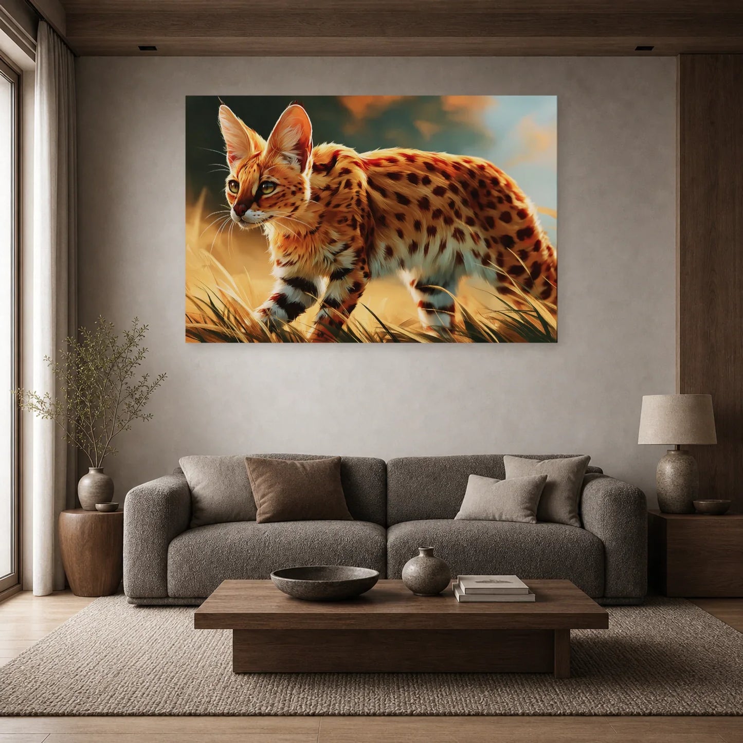 Tableau Chat Savannah - Marche Doree dans un salon - Art Virtuoso