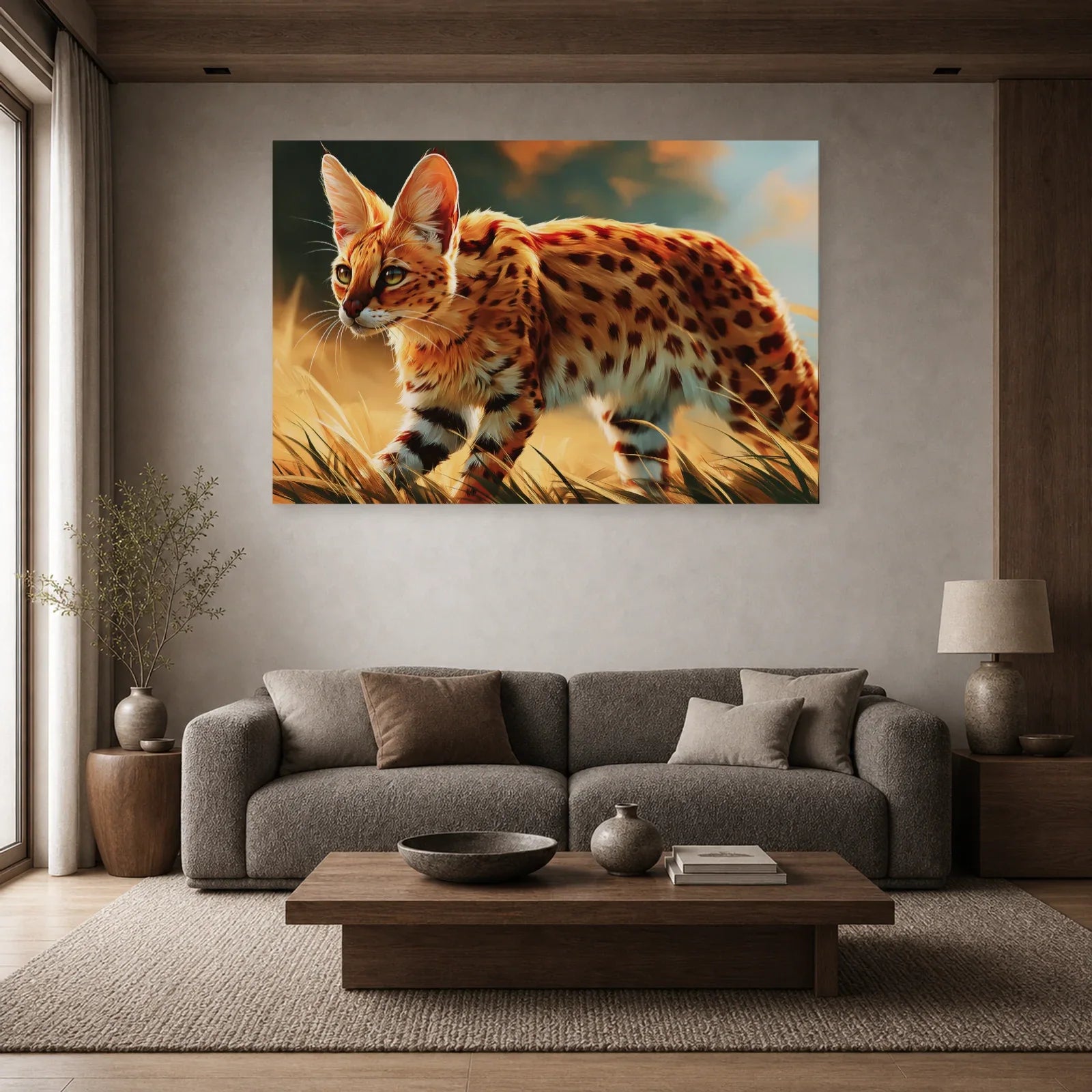 Tableau Chat Savannah - Marche Doree dans un salon - Art Virtuoso