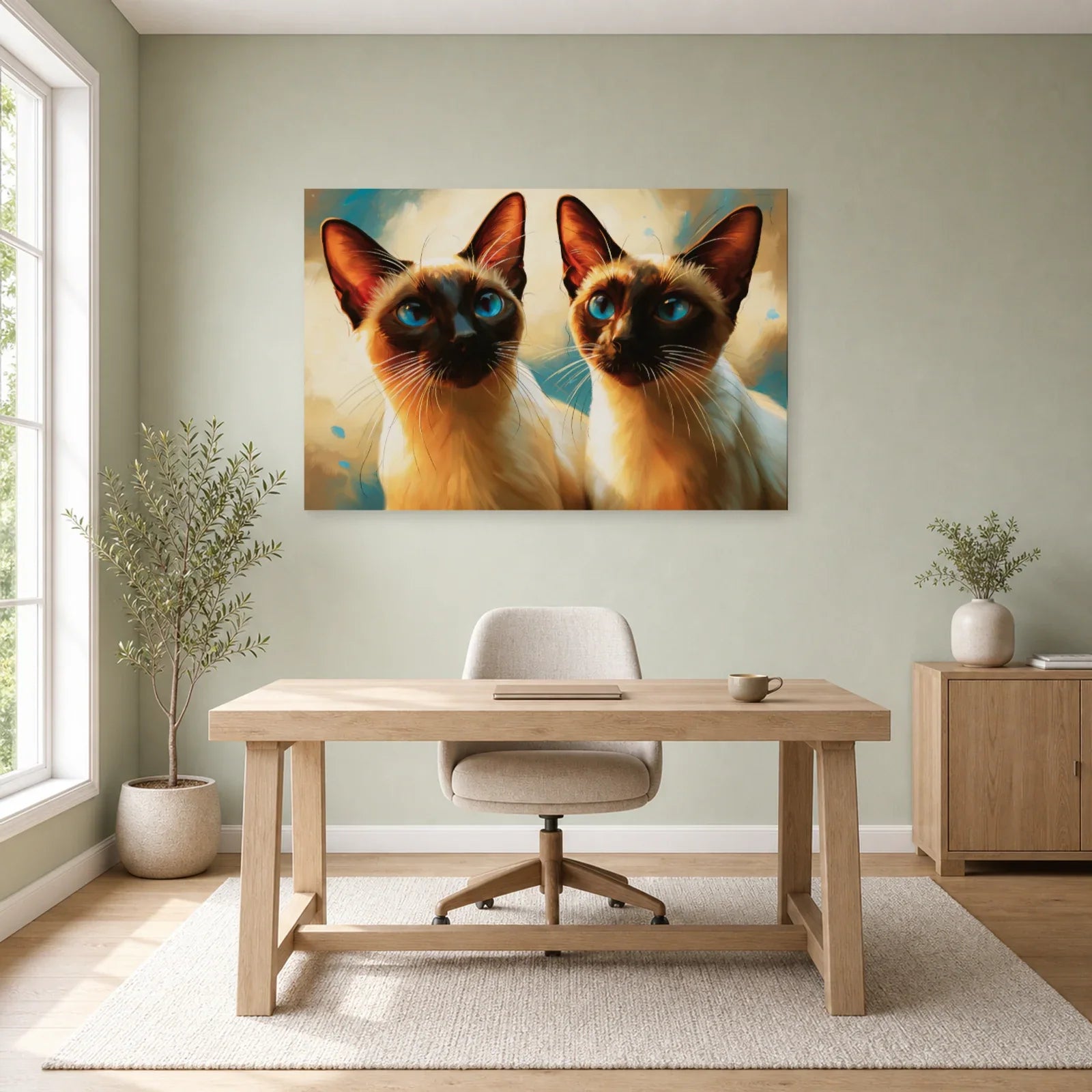 Tableau Chat Siamois Duo - Miroir Bleu dans un bureau - Art Virtuoso