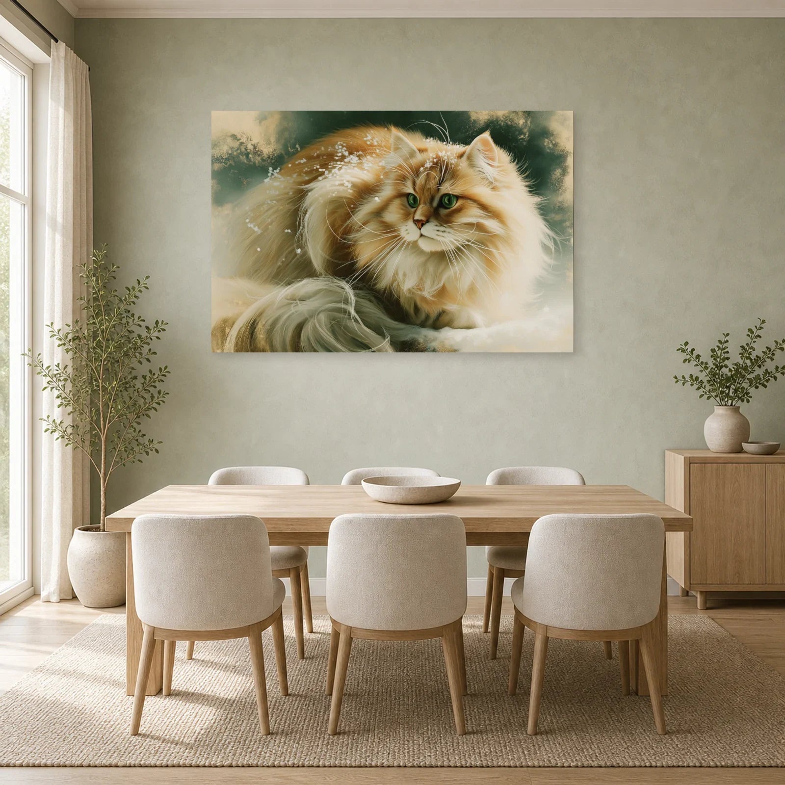 Tableau Chat Sibérien - Hiver Solaire dans une salle à manger - Art Virtuoso