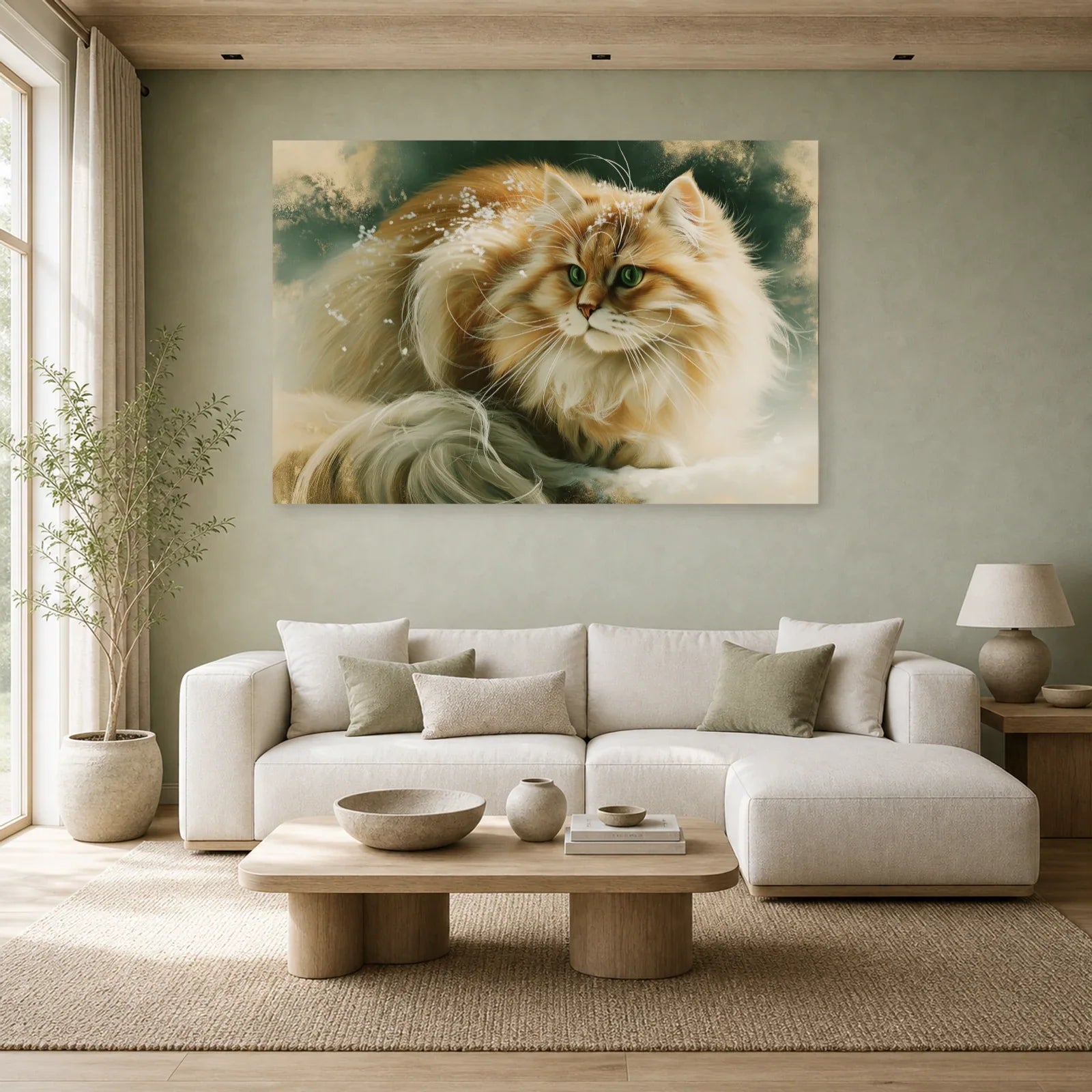 Tableau Chat Sibérien - Hiver Solaire dans un salon - Art Virtuoso