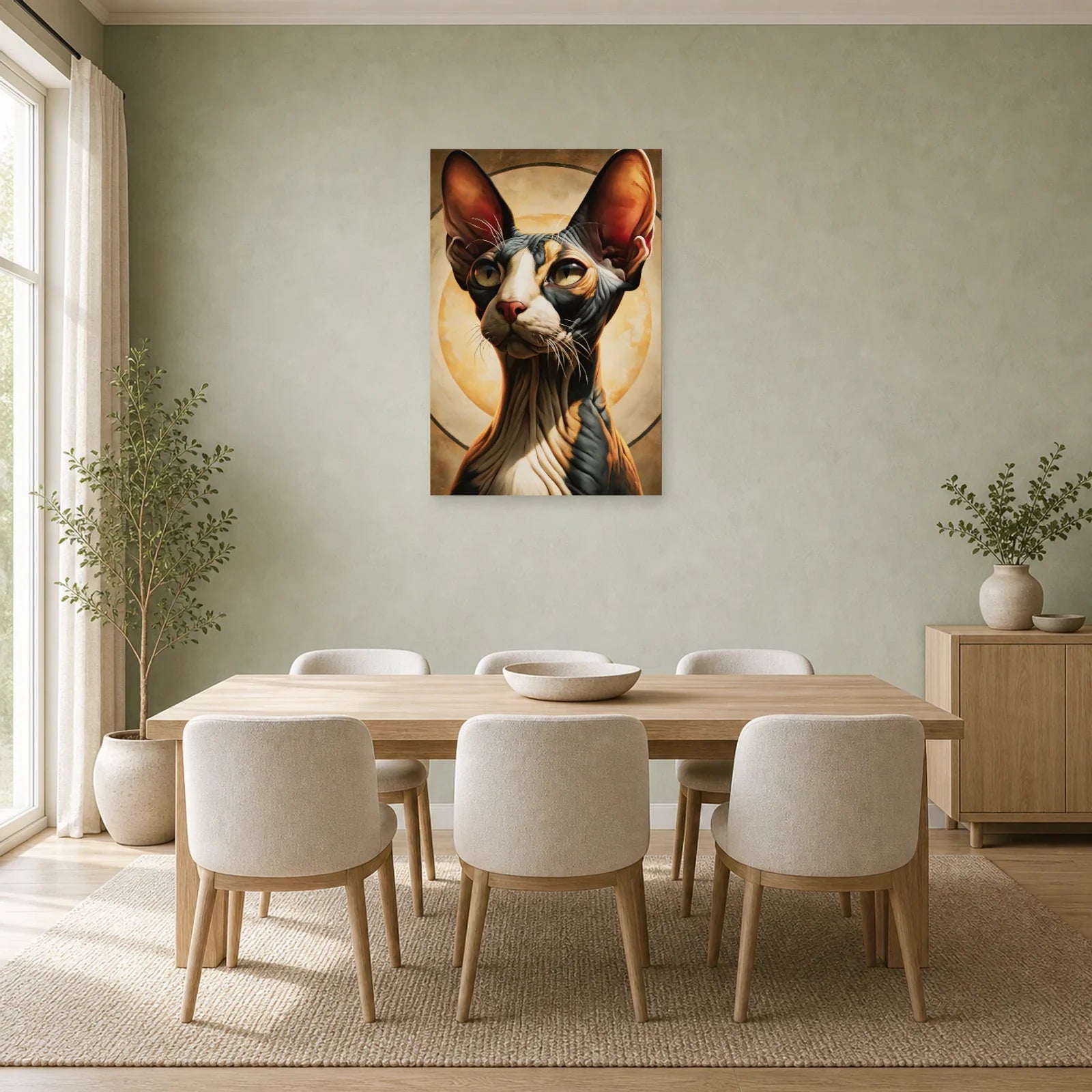 Tableau Chat Sphynx - Icône Sable dans une salle à manger - Art Virtuoso