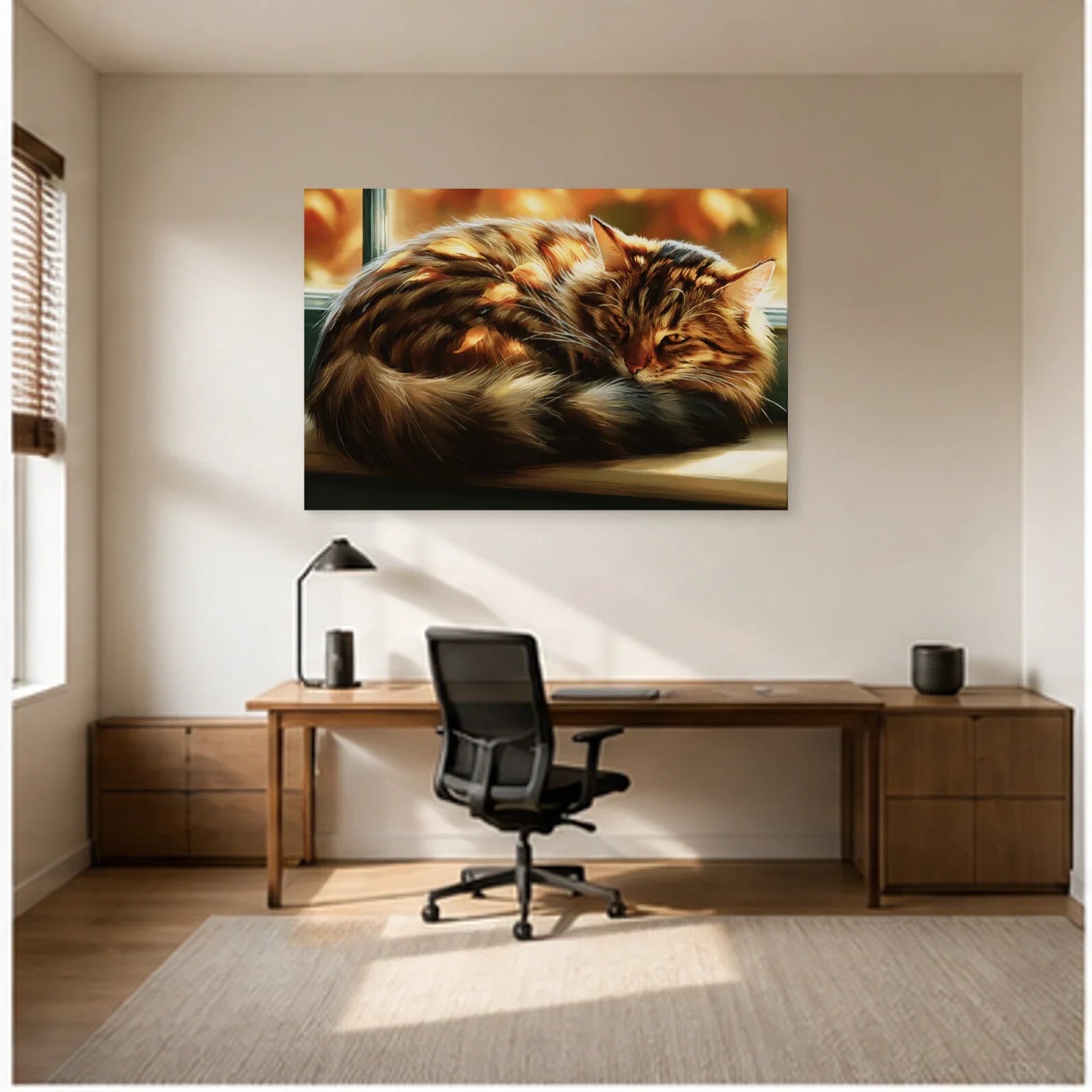 Tableau Chat Tigré Fenêtre Automne dans un bureau - Art Virtuoso