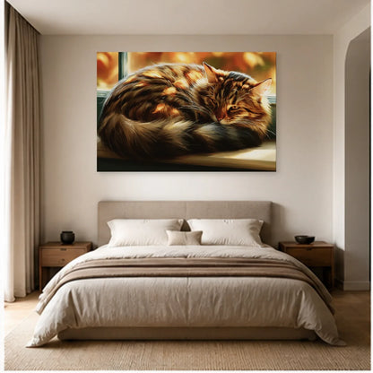 Tableau Chat Tigré Fenêtre Automne dans une chambre - Art Virtuoso
