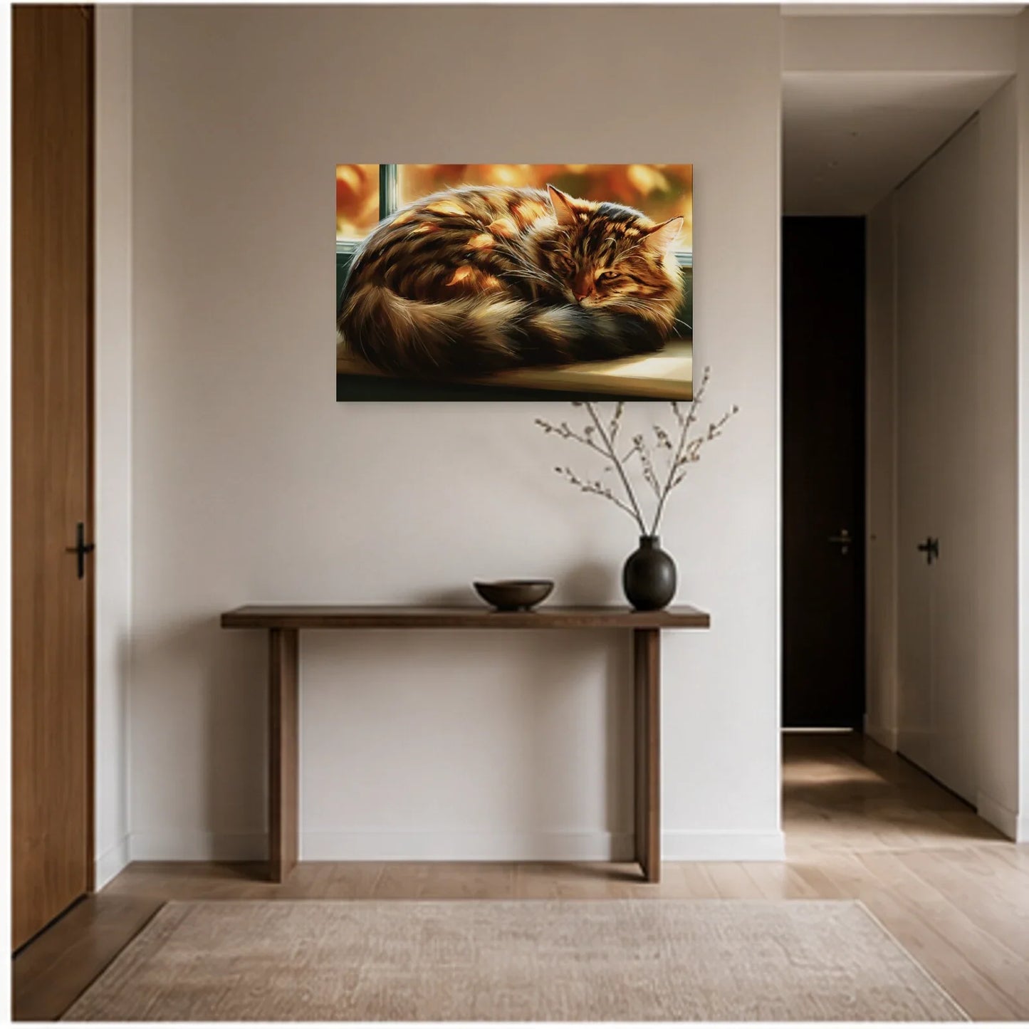 Tableau Chat Tigré Fenêtre Automne dans une entrée ou un couloir - Art Virtuoso