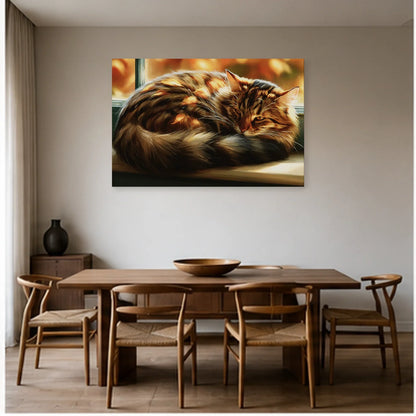 Tableau Chat Tigré Fenêtre Automne dans une salle à manger - Art Virtuoso
