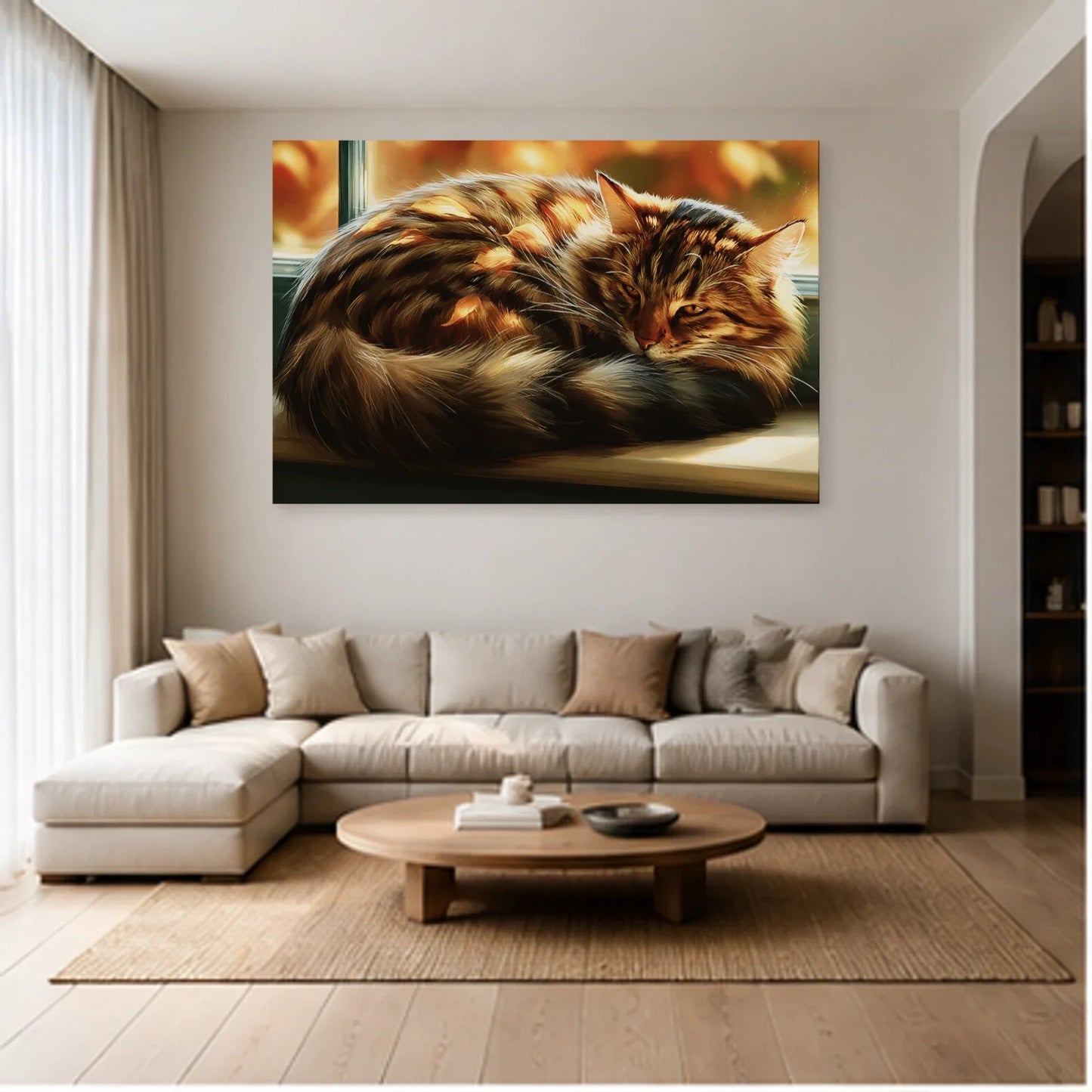 Tableau Chat Tigré Fenêtre Automne dans un salon - Art Virtuoso