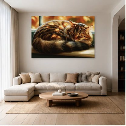 Tableau Chat Tigré Fenêtre Automne dans un salon - Art Virtuoso