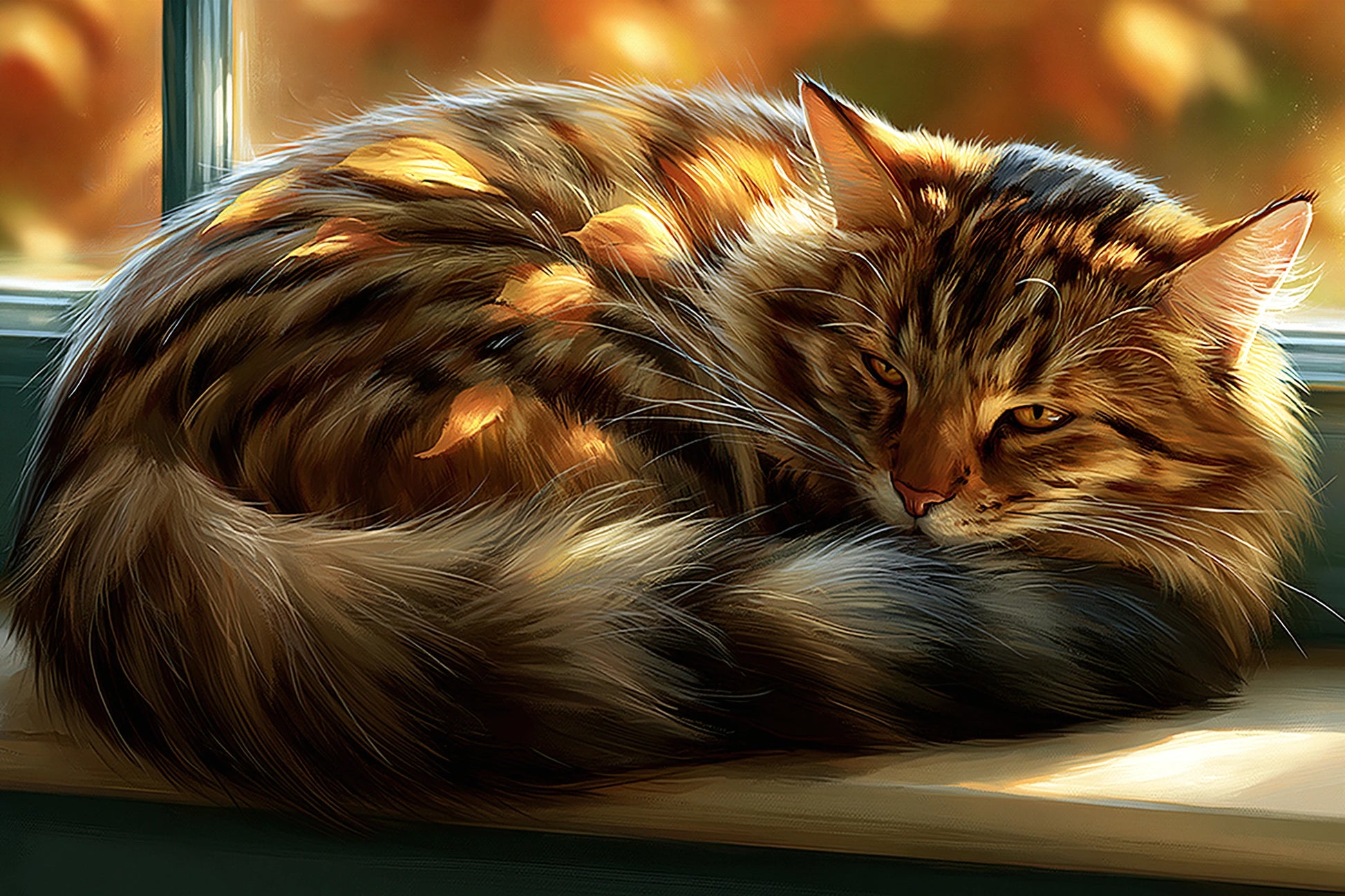 Tableau Chat Tigré Fenêtre Automne - format S - Art Virtuoso