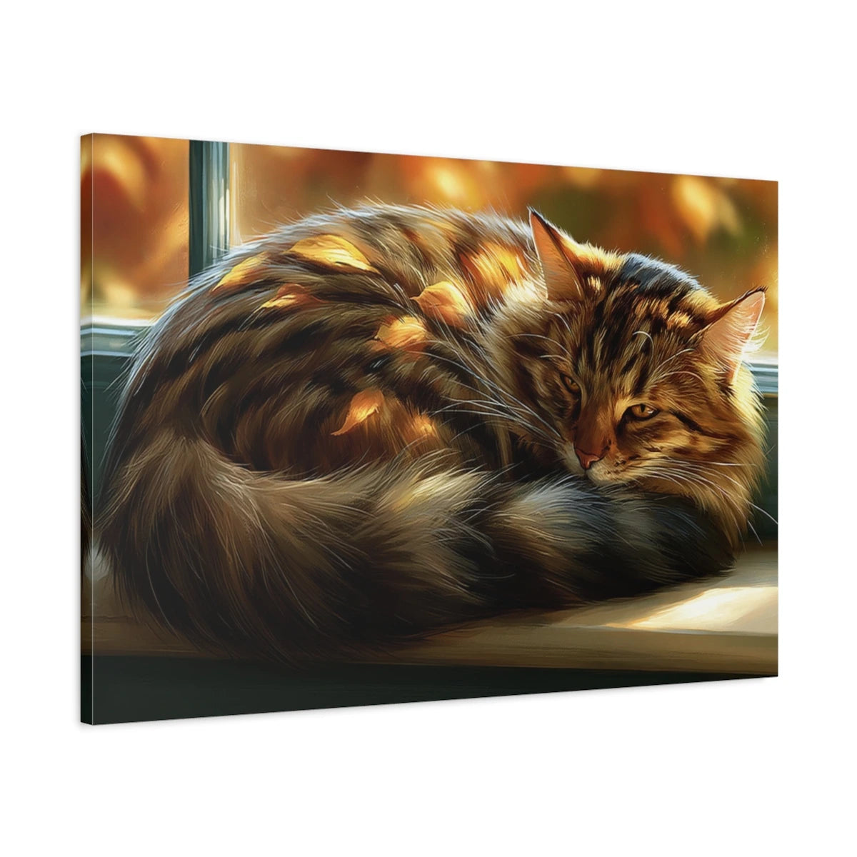 Tableau Chat Tigré Fenêtre Automne - toile 3D avec bords imprimés - Art Virtuoso