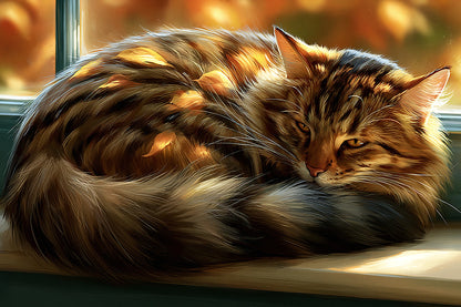 Tableau Chat Tigré Fenêtre Automne - format XL - Art Virtuoso