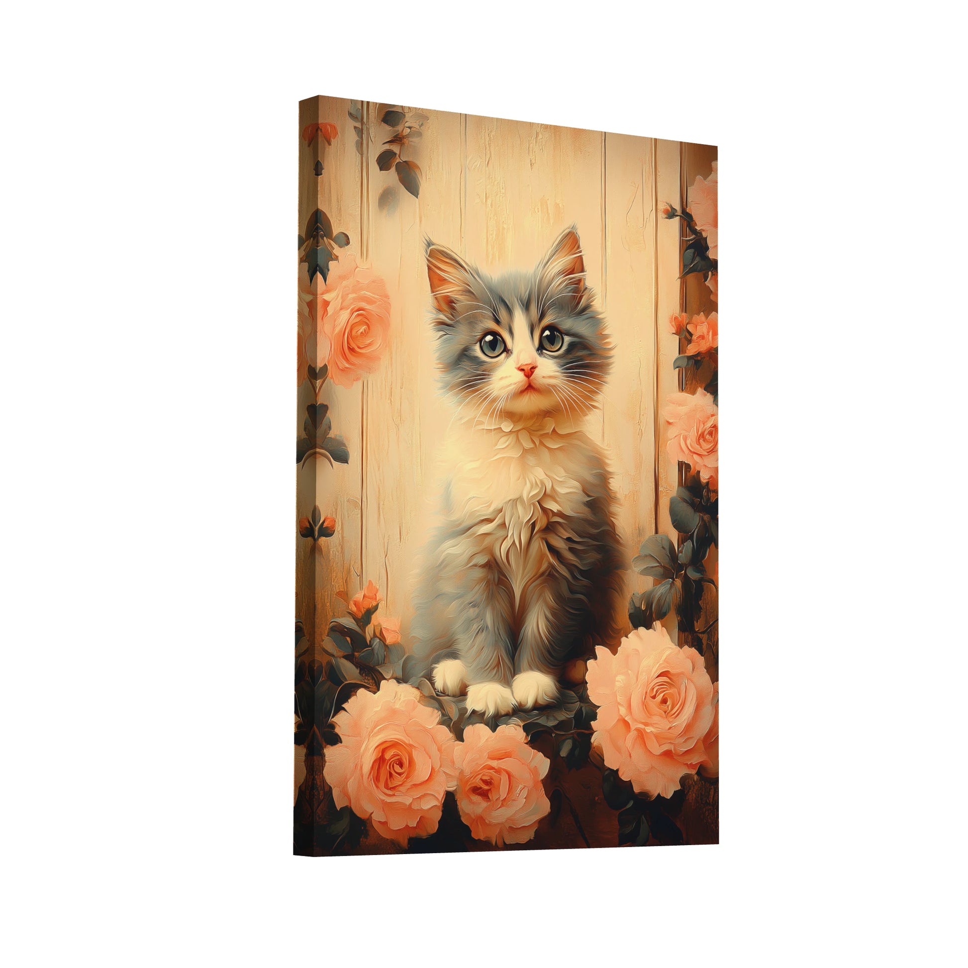 Product Hero 3D WebP Tableau Chat Vintage - Charme Rétro aux Roses - Art Virtuoso