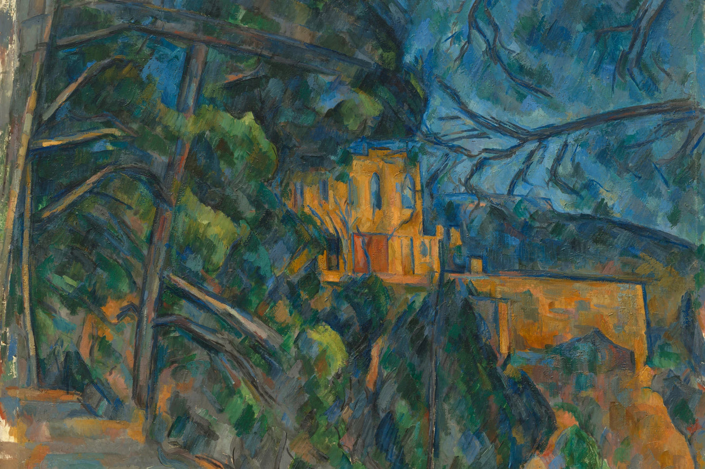 Grand tableau Château Noir de Cézanne aux verts denses et bleus ardoise, format XXL