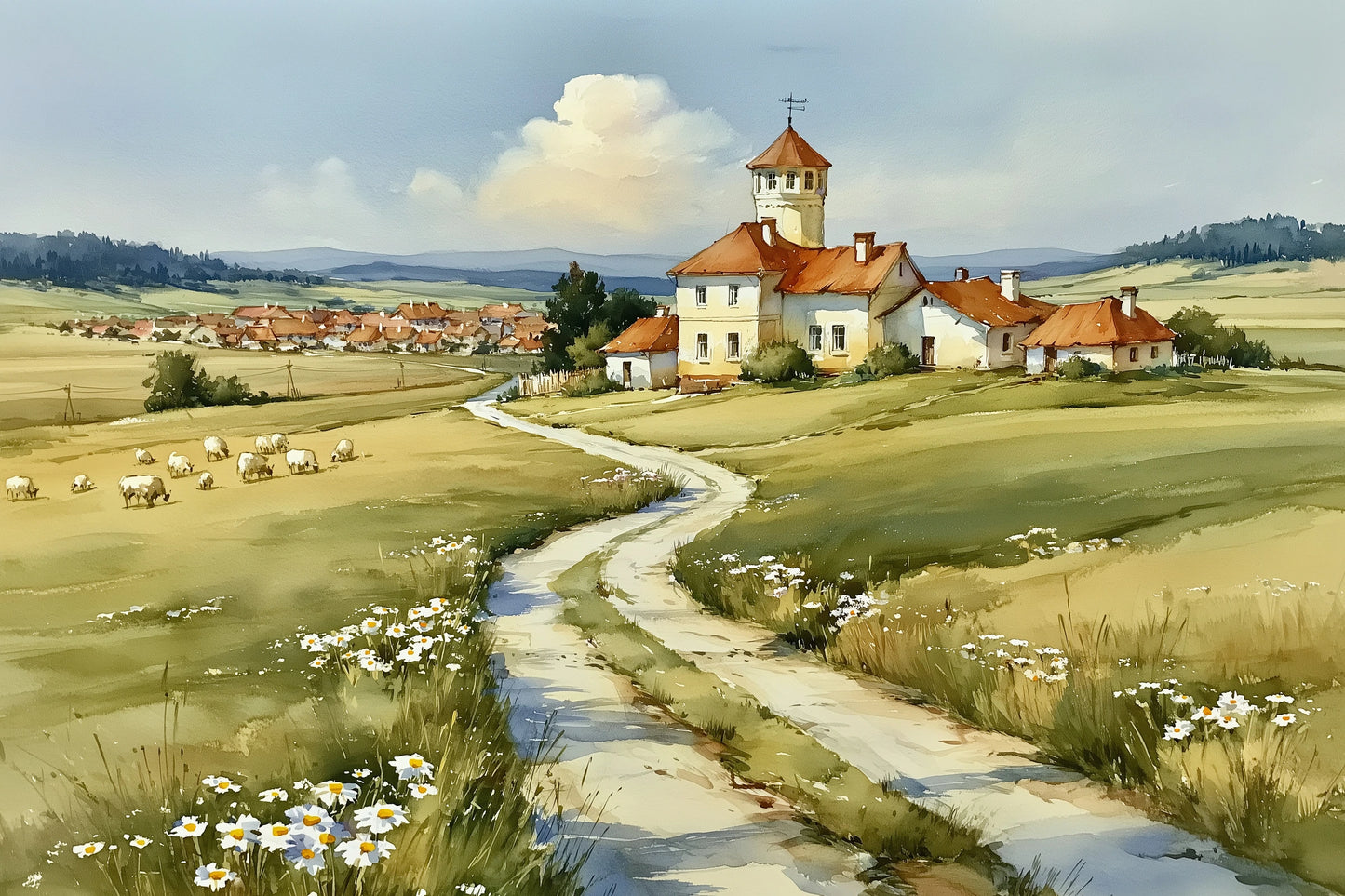 Tableau chemin de campagne printanier avec maison et fleurs - format M