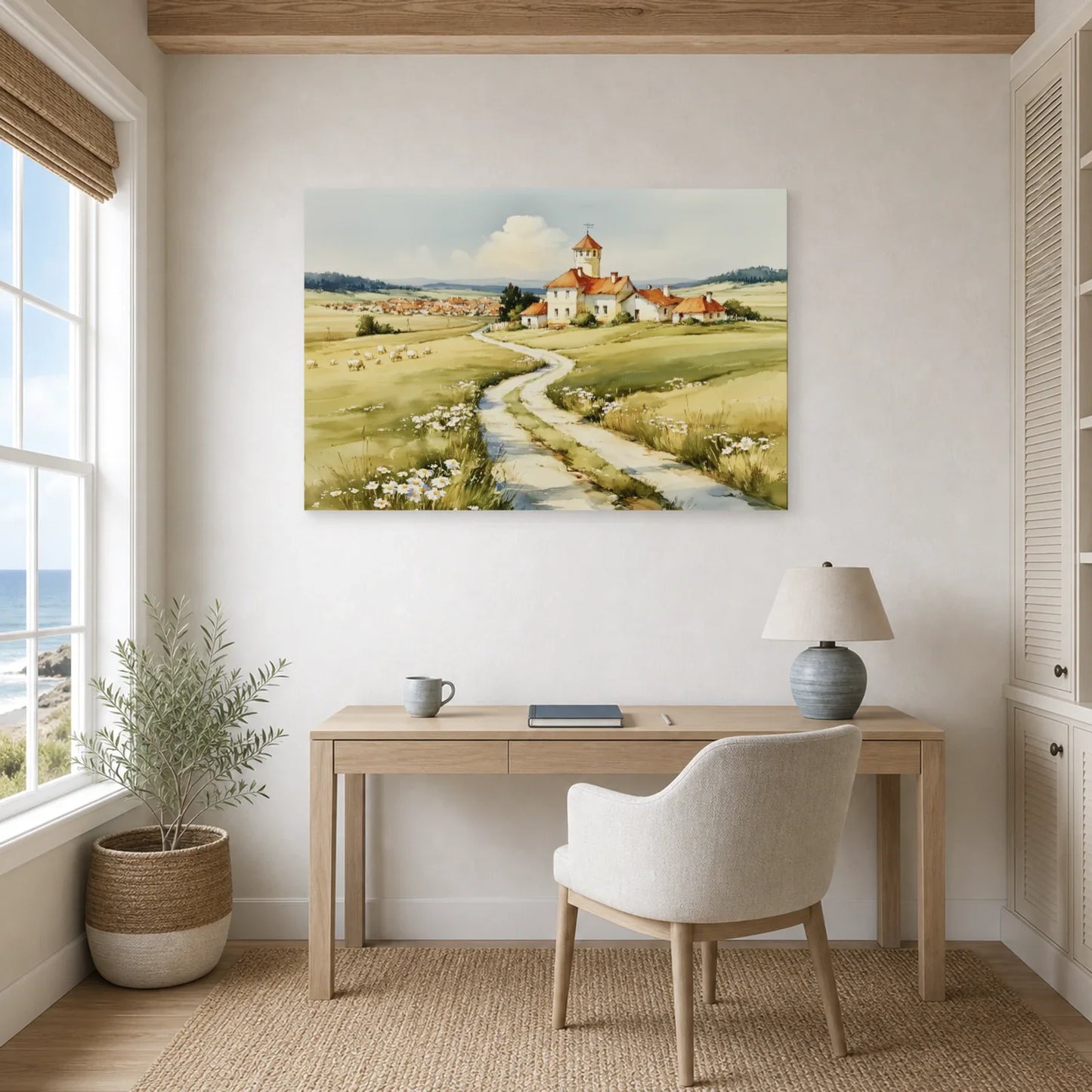 Tableau Chemin Campagne Printemps - Maison au Bout du Sentier dans un bureau - Art Virtuoso