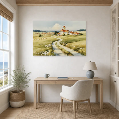 Tableau Chemin Campagne Printemps - Maison au Bout du Sentier dans un bureau - Art Virtuoso