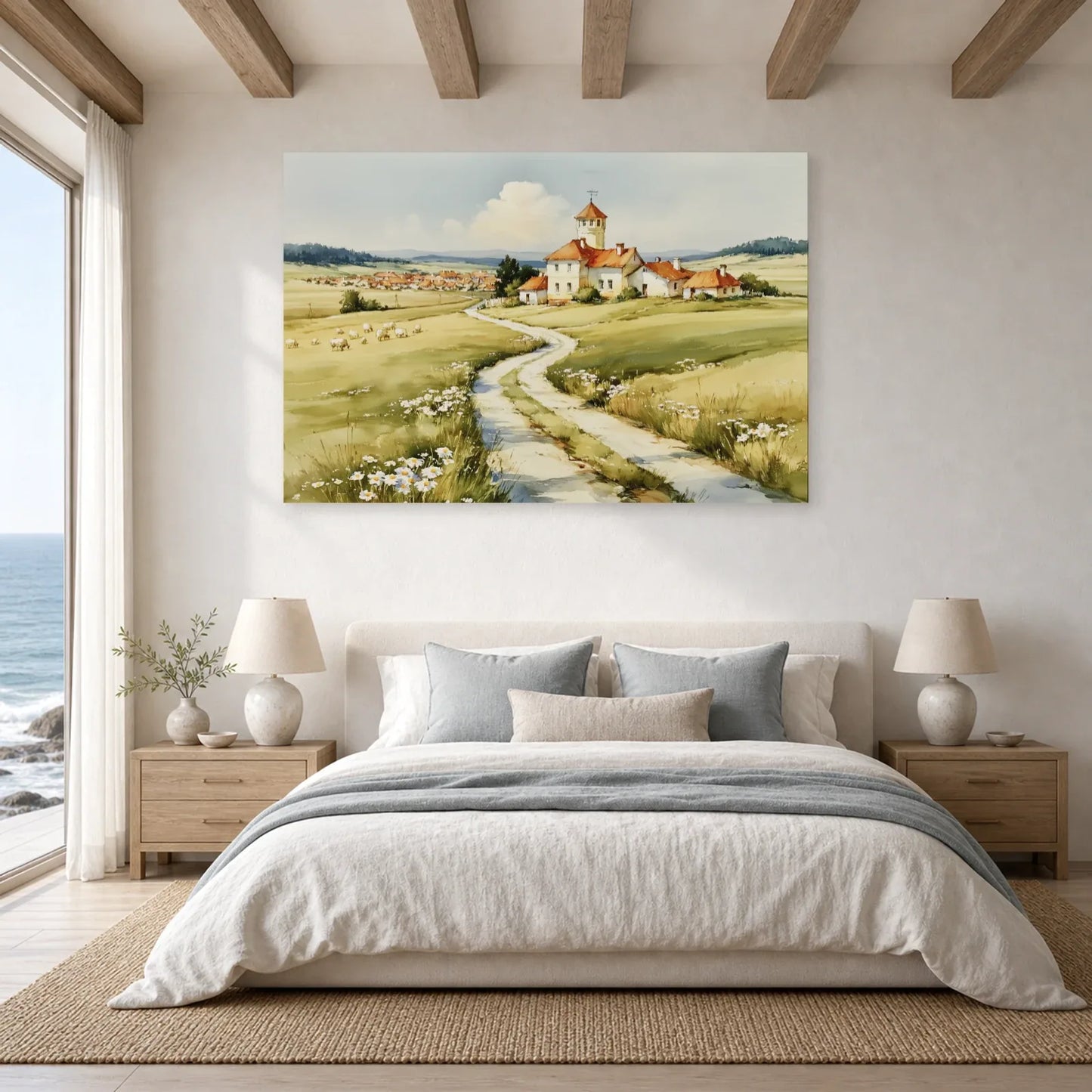 Tableau Chemin Campagne Printemps - Maison au Bout du Sentier dans une chambre - Art Virtuoso