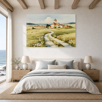 Tableau Chemin Campagne Printemps - Maison au Bout du Sentier dans une chambre - Art Virtuoso