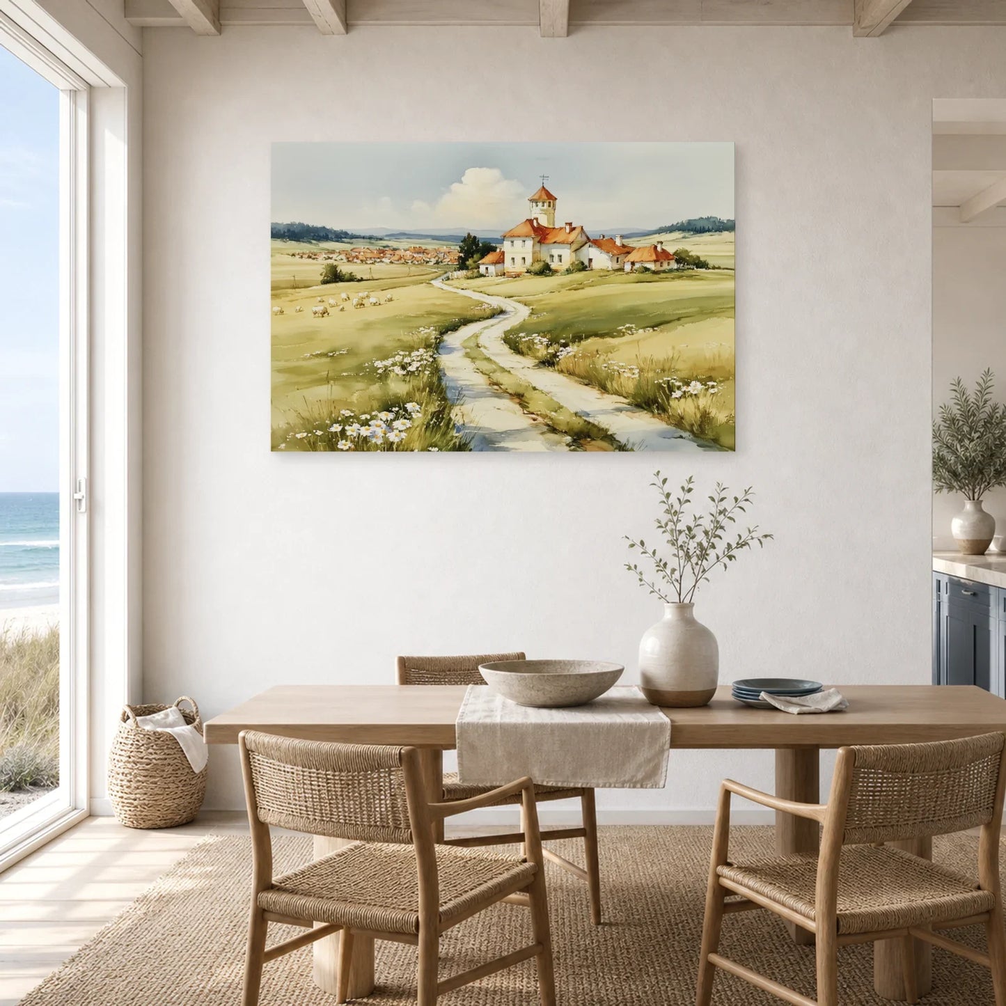 Tableau Chemin Campagne Printemps - Maison au Bout du Sentier dans une cuisine - Art Virtuoso